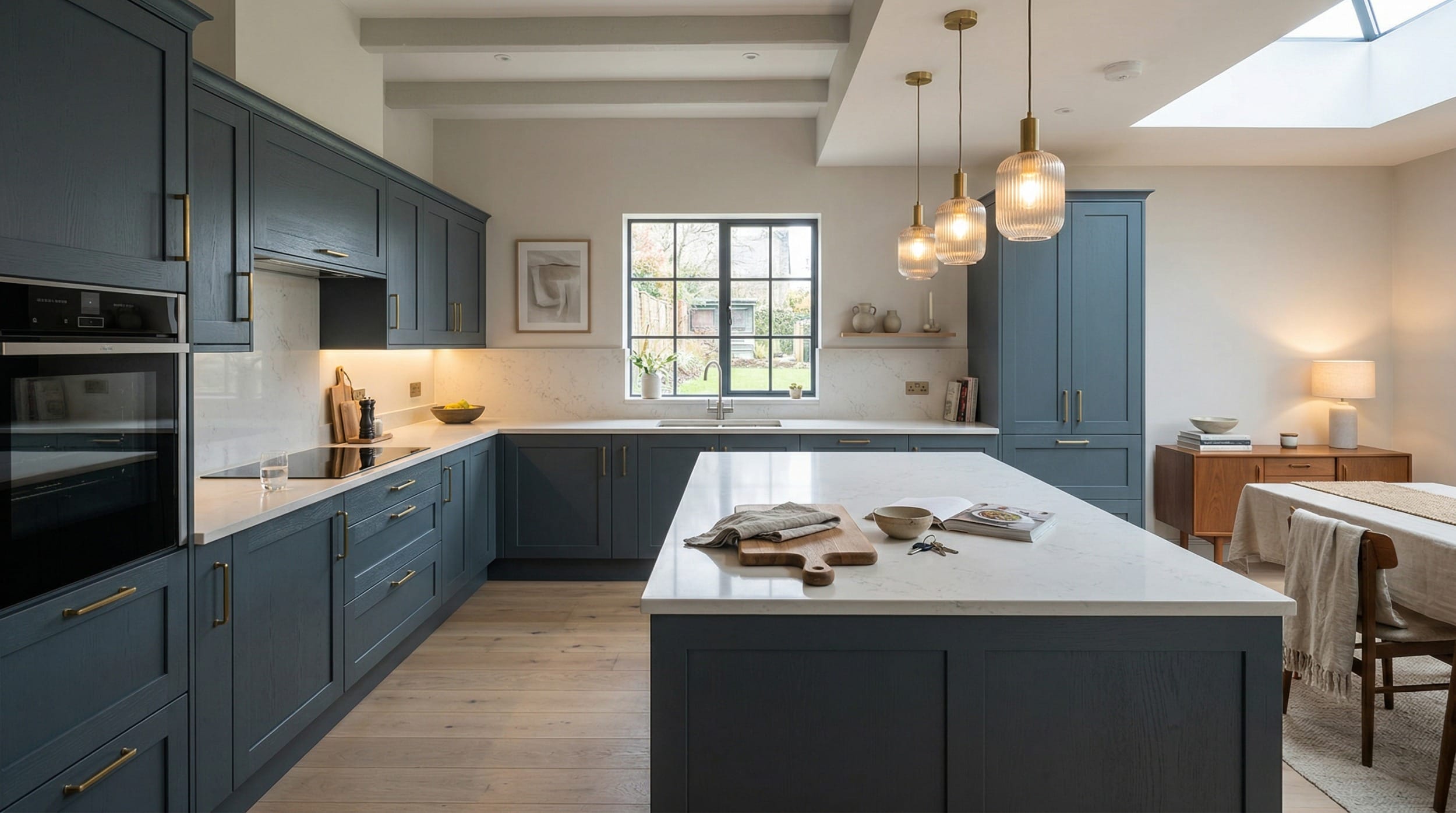 Wide view of a newly completed bespoke Mastercraft kitchen, matt painted handleless slab cabinetry in shell tones