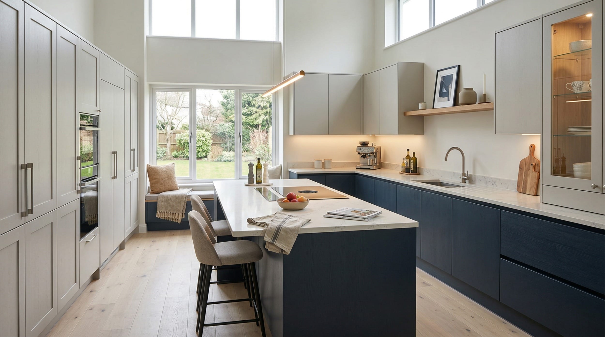 hero_1200x675-212 Wide view of a newly completed bespoke Mastercraft kitchen, modern shaker cabinetry in cashmere tones