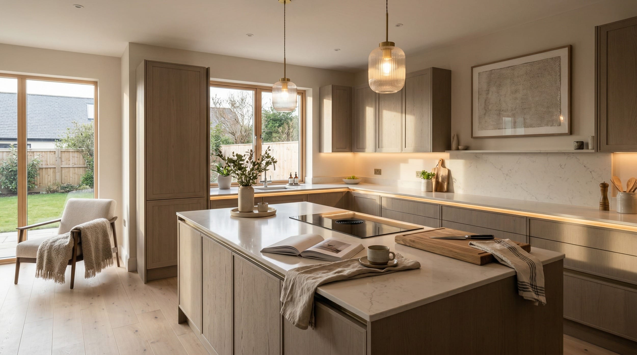 Wide view of a newly completed bespoke Mastercraft kitchen, contemporary painted lay-on cabinetry in stone grey tones