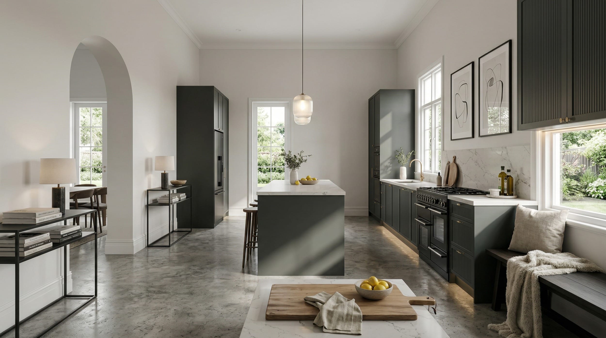 hero_1200x675-215 Wide view of a newly completed bespoke Mastercraft kitchen, contemporary painted lay-on cabinetry in mussel tones