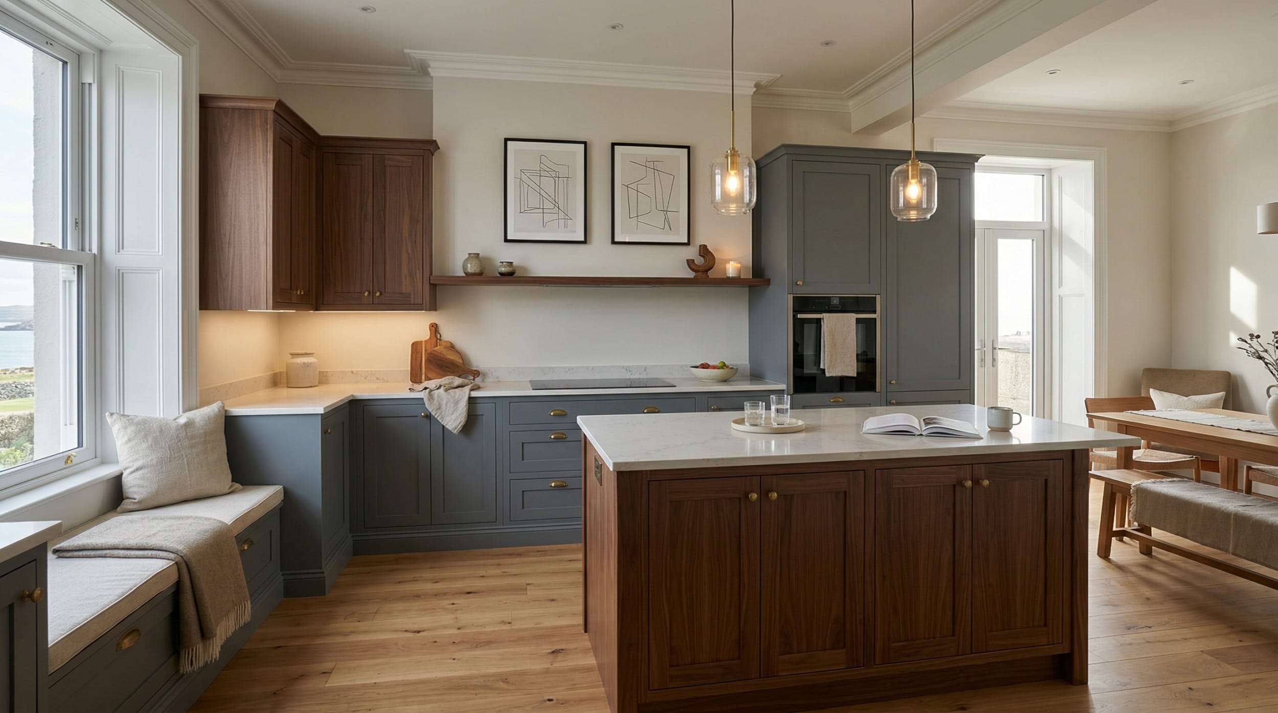 Wide view of a newly completed bespoke Mastercraft kitchen, modern shaker cabinetry in monument grey tones