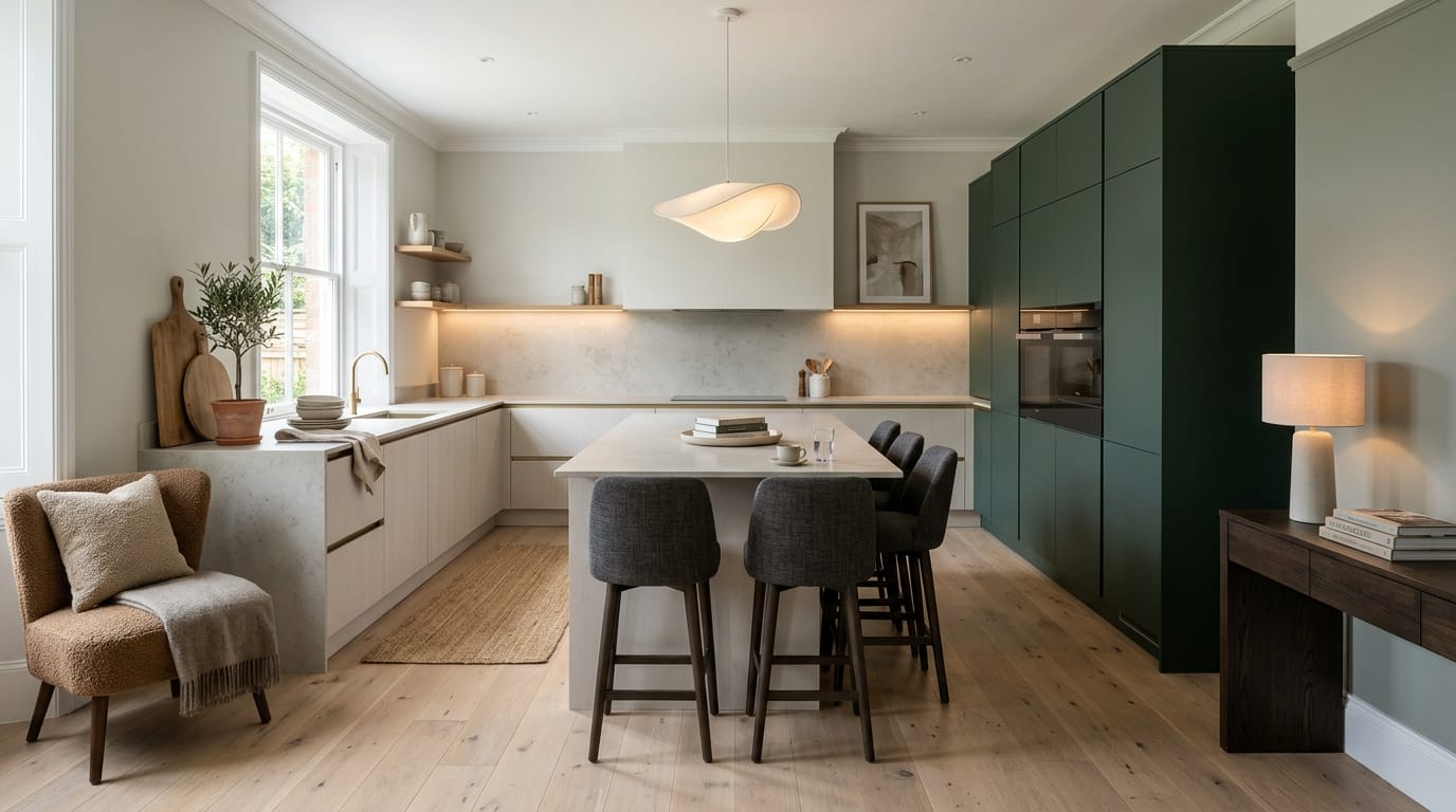 hero_1200x675-218 Wide view of a newly completed bespoke Mastercraft kitchen, modern shaker cabinetry in airforce tones