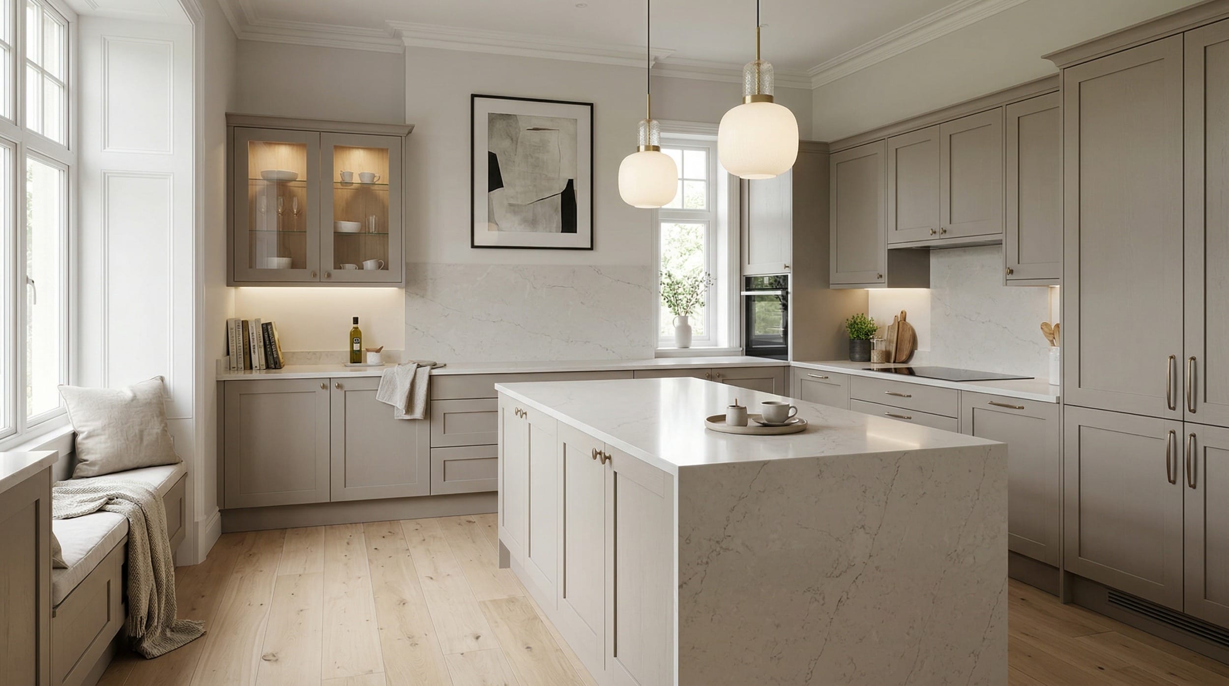 hero_1200x675-219 Wide view of a newly completed bespoke Mastercraft kitchen, matt painted handleless slab cabinetry in graphite tones
