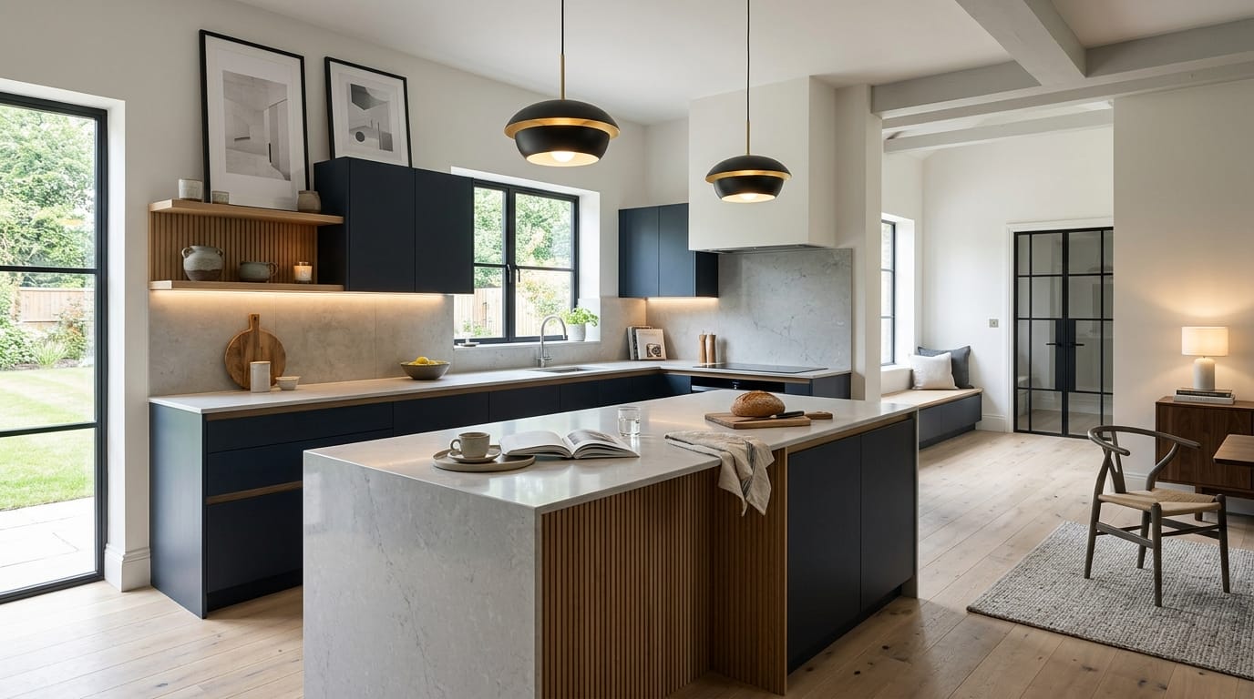 Wide view of a newly completed bespoke Mastercraft kitchen, matt painted handleless slab cabinetry in light grey tones