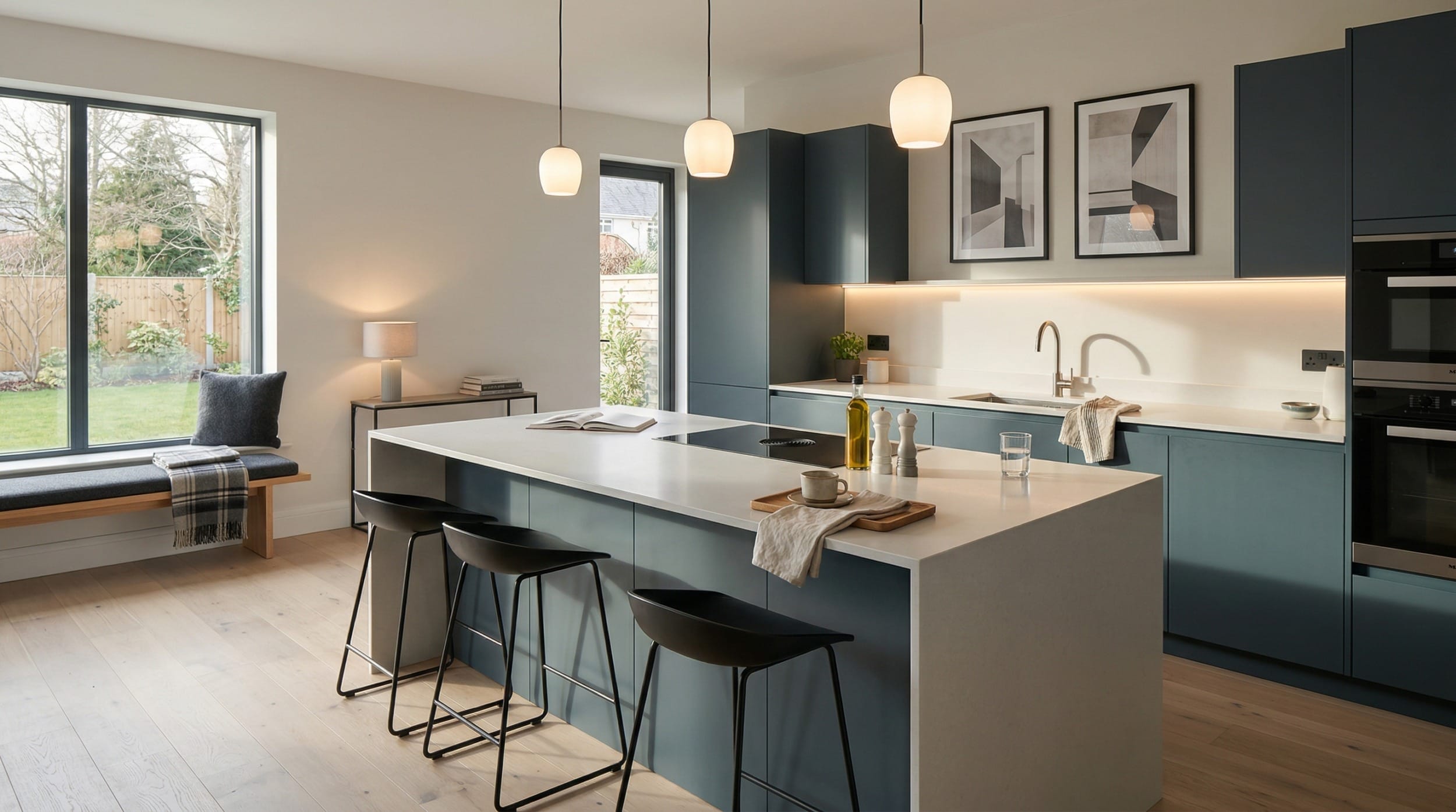 Wide view of a newly completed bespoke Mastercraft kitchen, matt painted handleless slab cabinetry in lava tones
