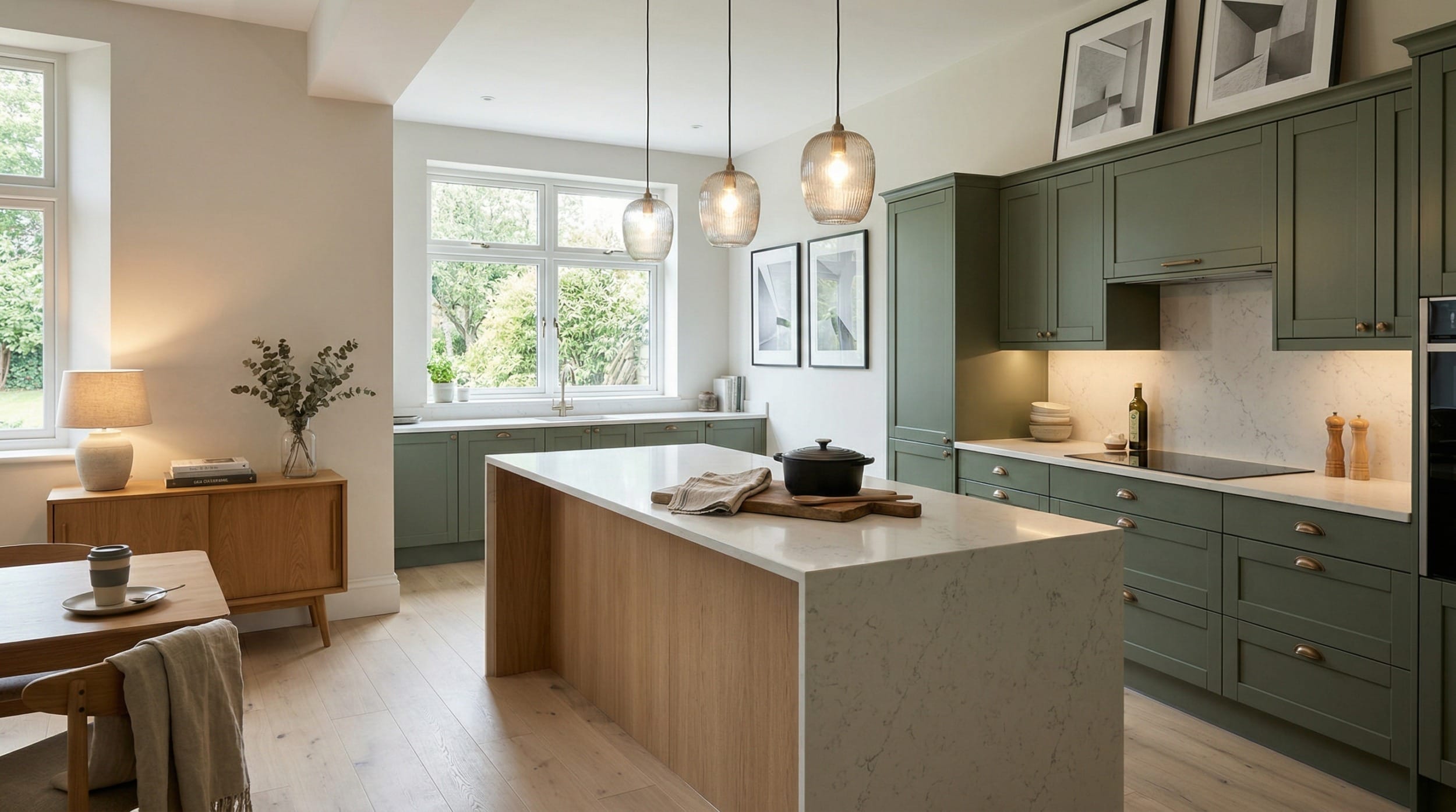 Wide view of a newly completed bespoke Mastercraft kitchen, matt painted handleless slab cabinetry in light teal tones
