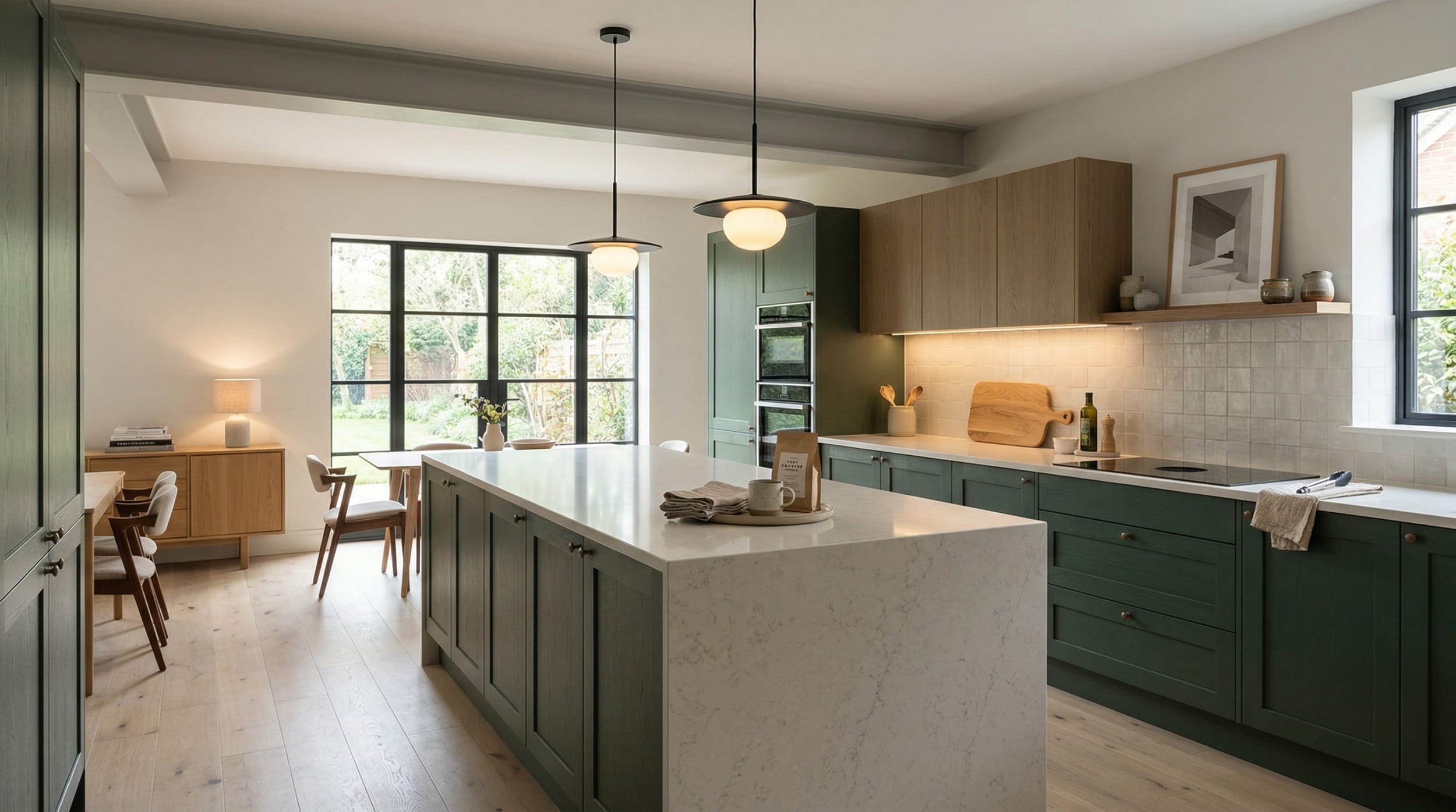 hero_1200x675-228 Wide view of a newly completed bespoke Mastercraft kitchen, contemporary painted lay-on cabinetry in ivory tones