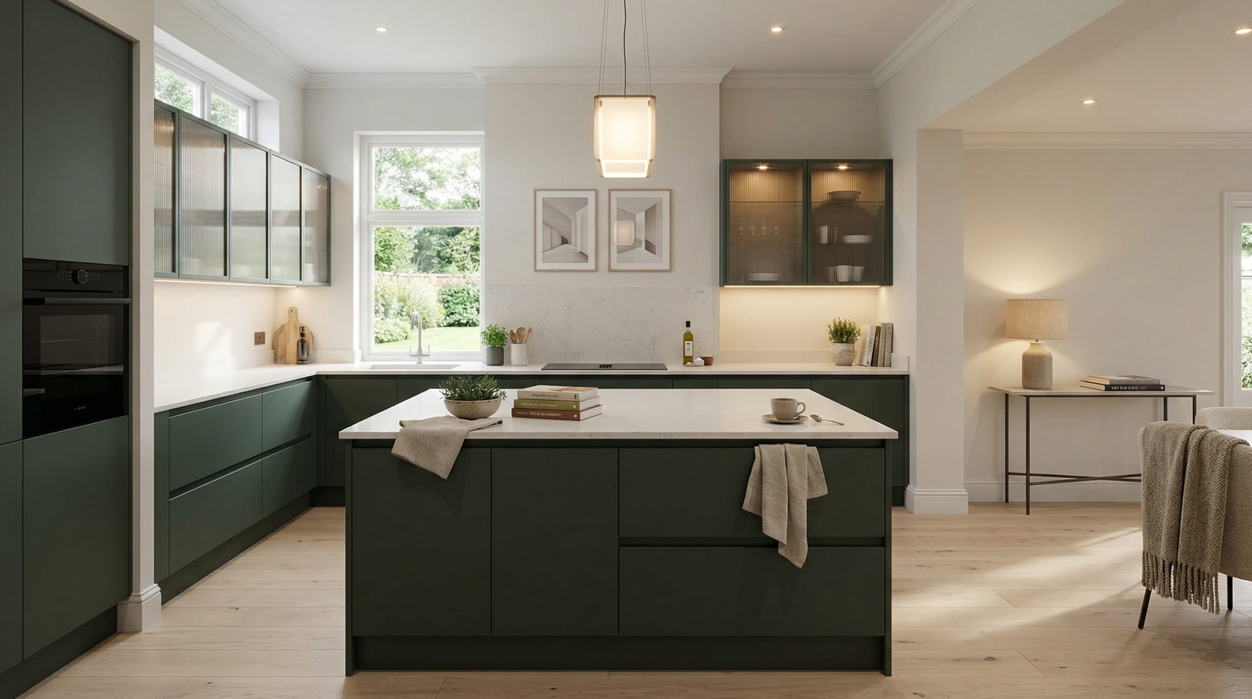Wide view of a newly completed bespoke Mastercraft kitchen, matt painted handleless slab cabinetry in parisian blue tones