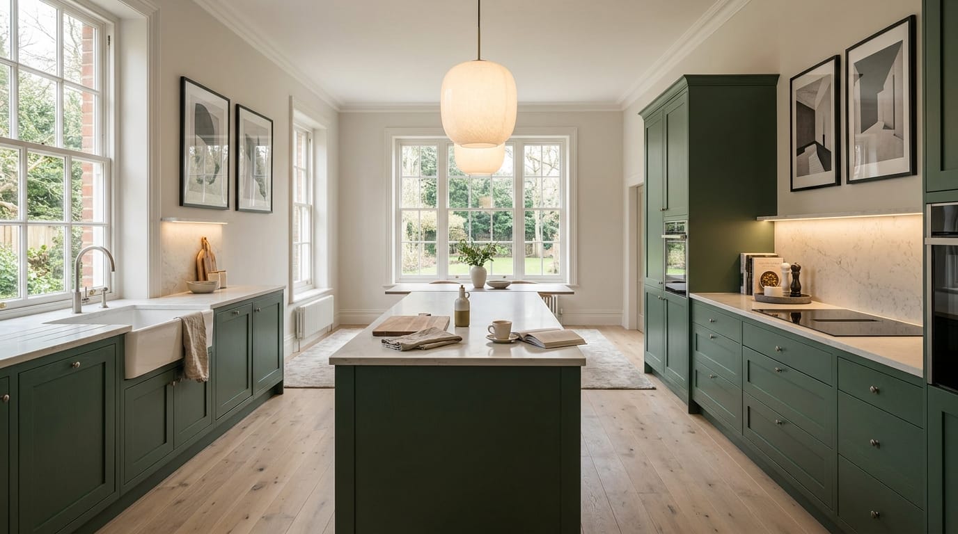 hero_1200x675-23 Wide view of a newly completed bespoke Mastercraft kitchen, contemporary painted lay-on cabinetry in sage green tones