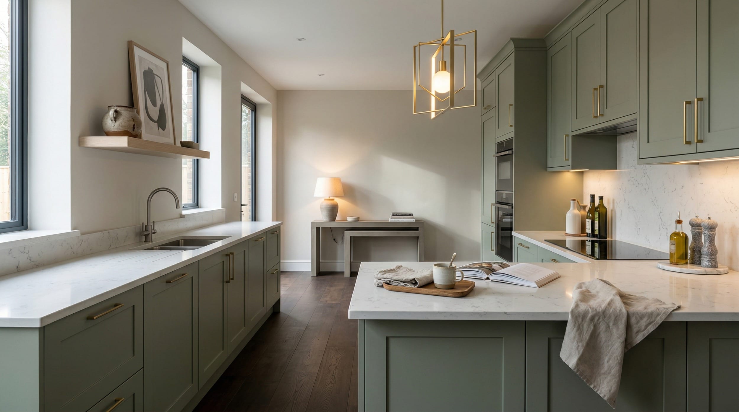 Wide view of a newly completed bespoke Mastercraft kitchen, contemporary painted lay-on cabinetry in gunmetal grey tones