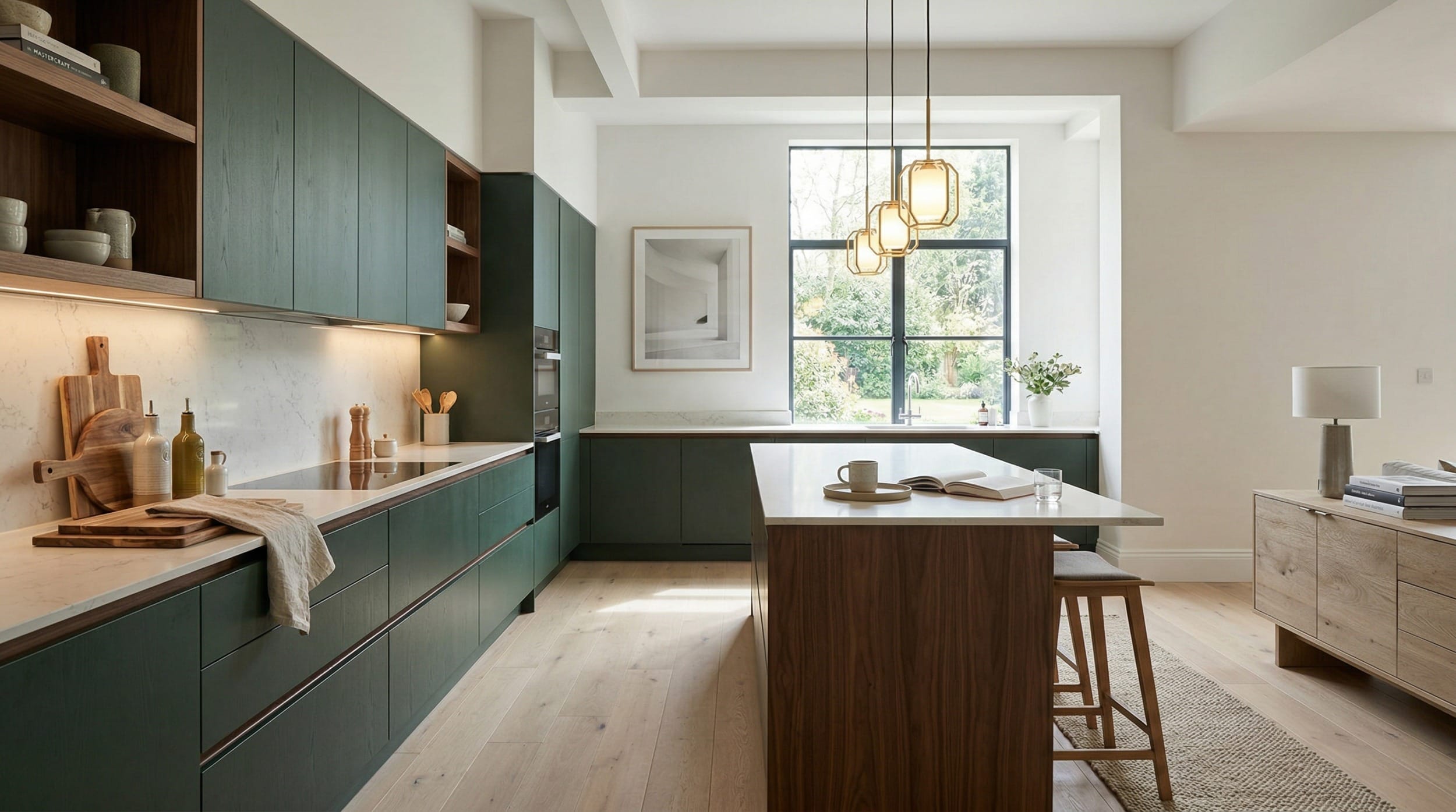 hero_1200x675-231 Wide view of a newly completed bespoke Mastercraft kitchen, contemporary painted lay-on cabinetry in lava tones