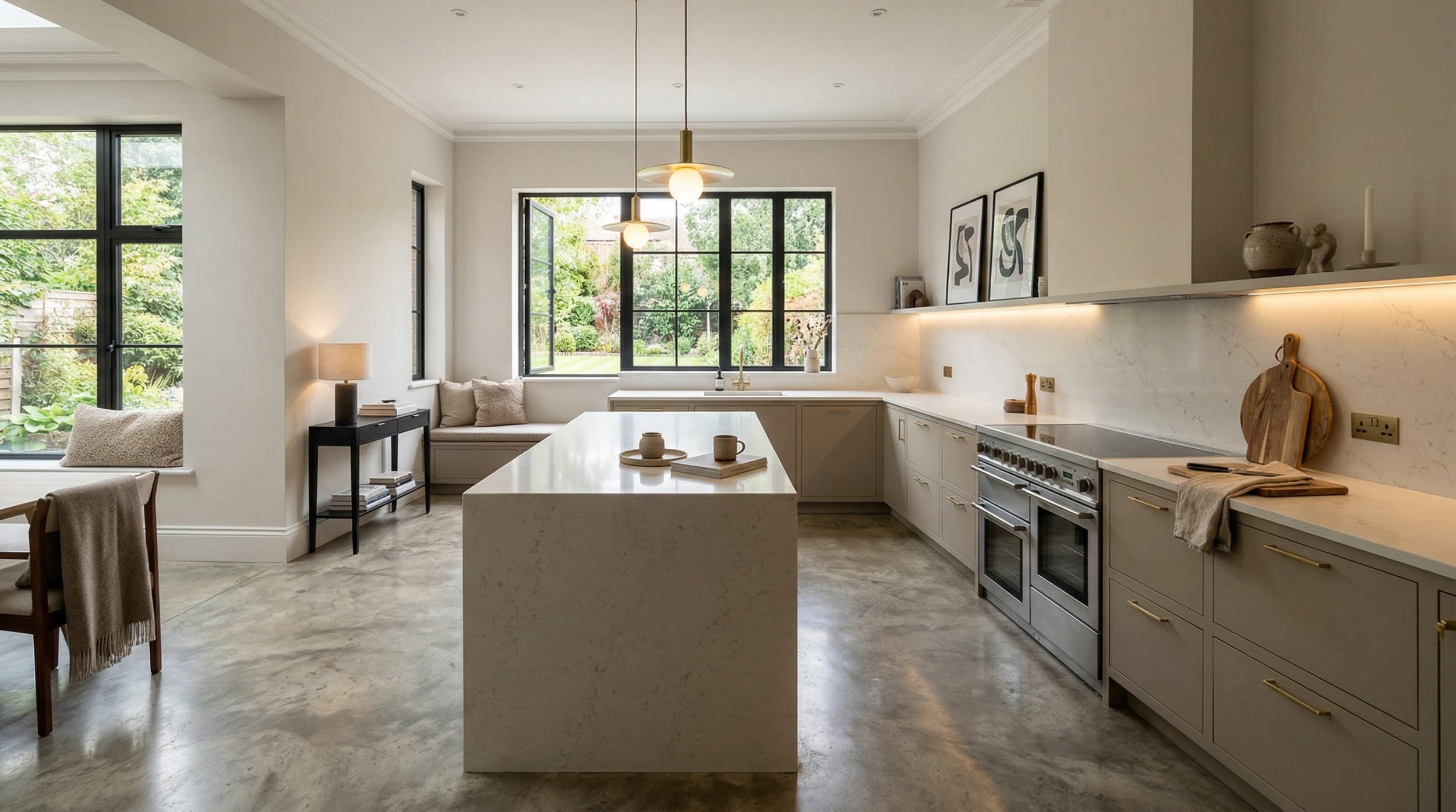 Wide view of a newly completed bespoke Mastercraft kitchen, timber veneer slab-door cabinetry in heritage green tones