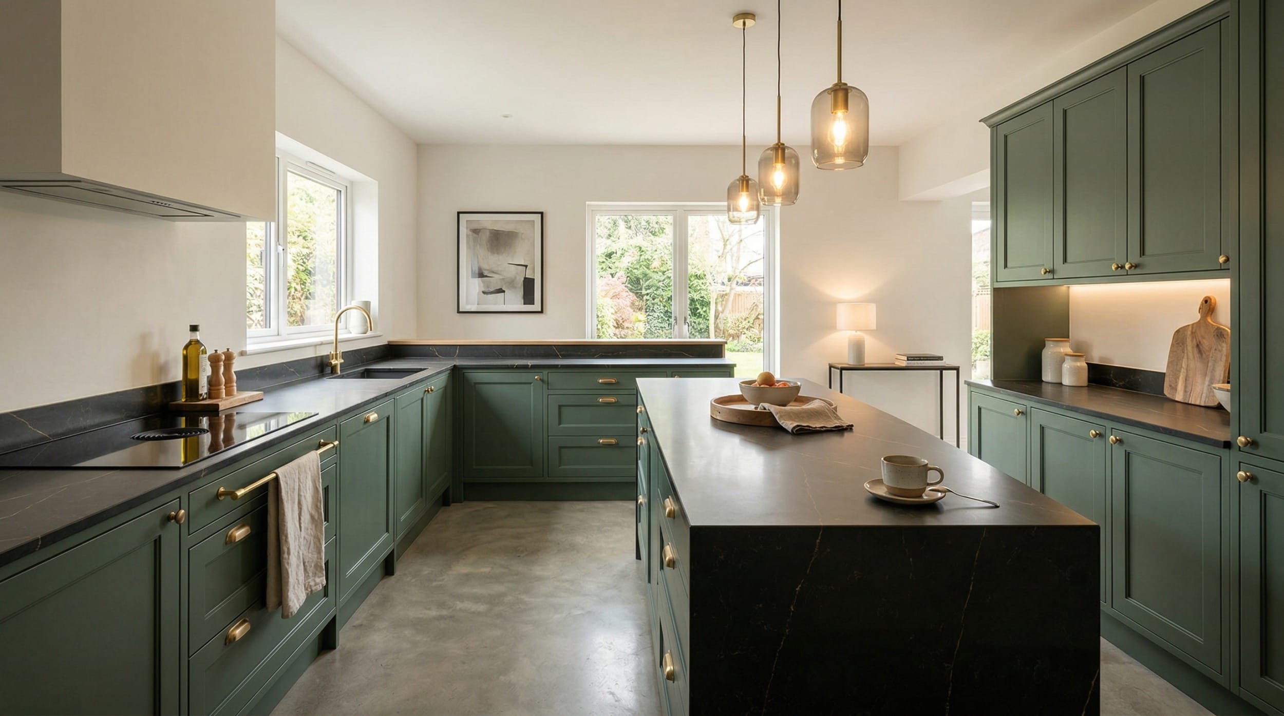 hero_1200x675-234 Wide view of a newly completed bespoke Mastercraft kitchen, contemporary in-frame cabinetry in cashmere tones