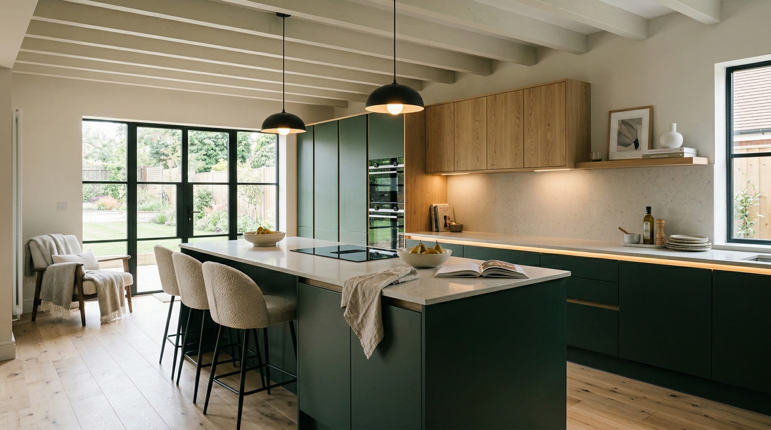Wide view of a newly completed bespoke Mastercraft kitchen, contemporary painted lay-on cabinetry in stone grey tones
