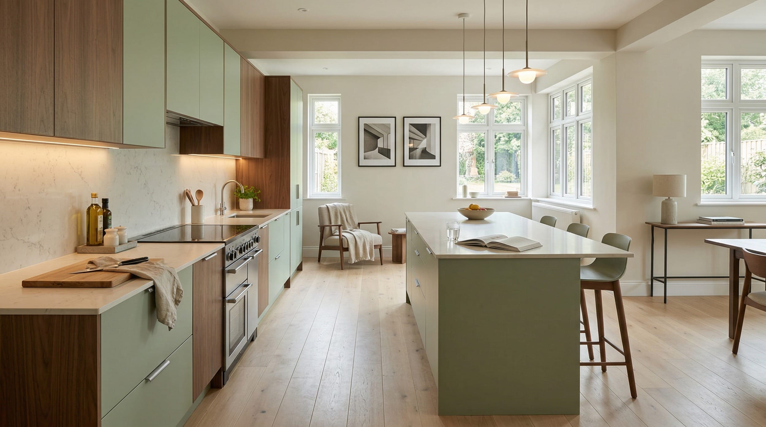 Wide view of a newly completed bespoke Mastercraft kitchen, contemporary in-frame cabinetry in light grey tones