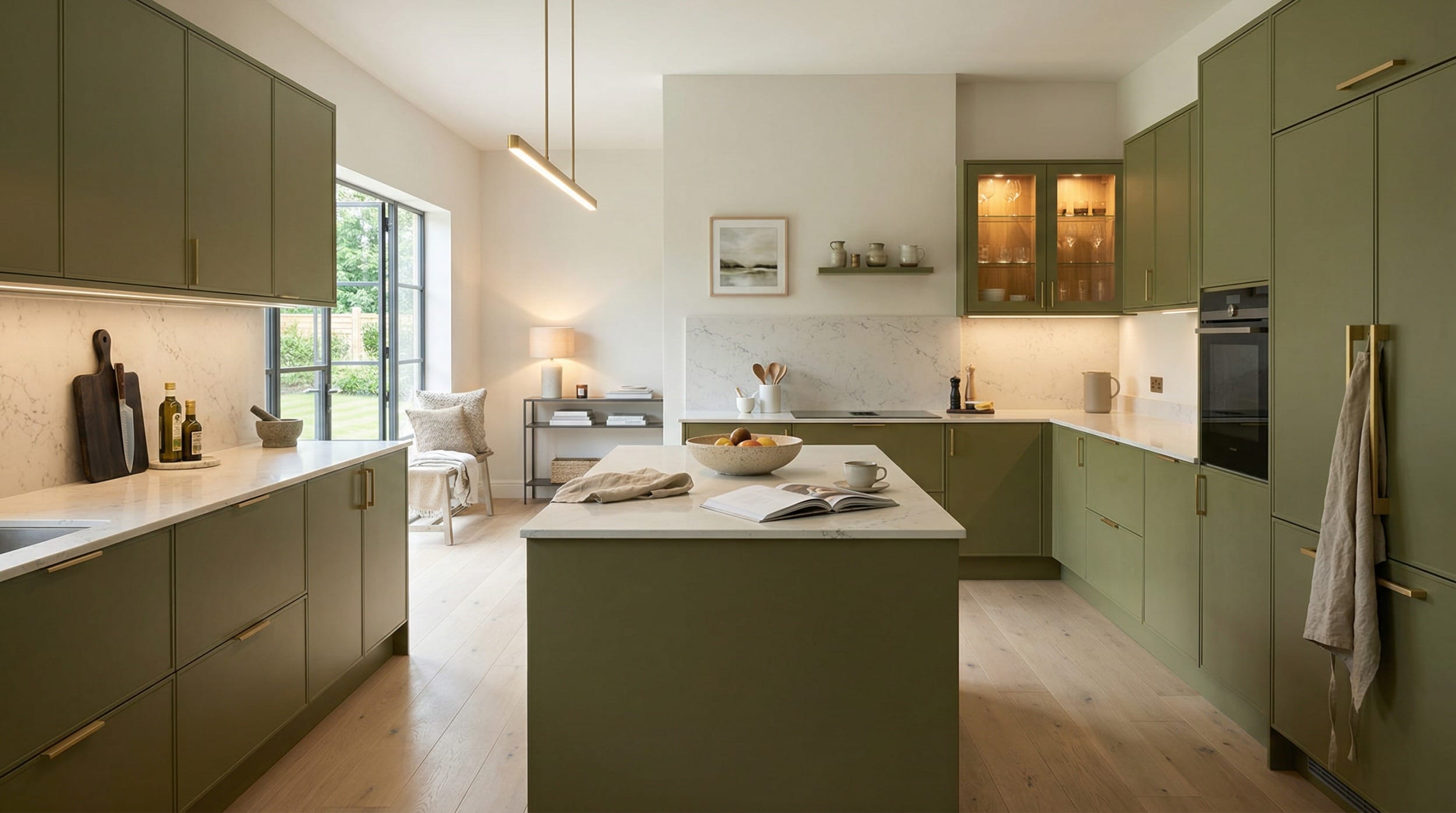Wide view of a newly completed bespoke Mastercraft kitchen, contemporary painted lay-on cabinetry in airforce tones