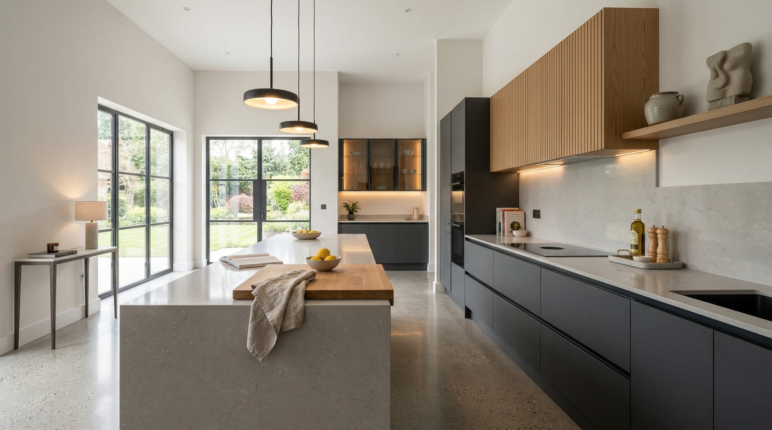 hero_1200x675-238 Wide view of a newly completed bespoke Mastercraft kitchen, timber veneer slab-door cabinetry in willow tones