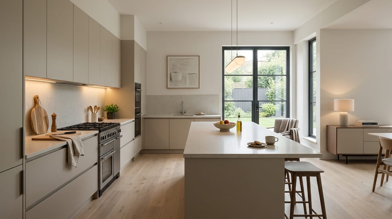 Wide view of a newly completed bespoke Mastercraft kitchen, contemporary painted lay-on cabinetry in marine tones