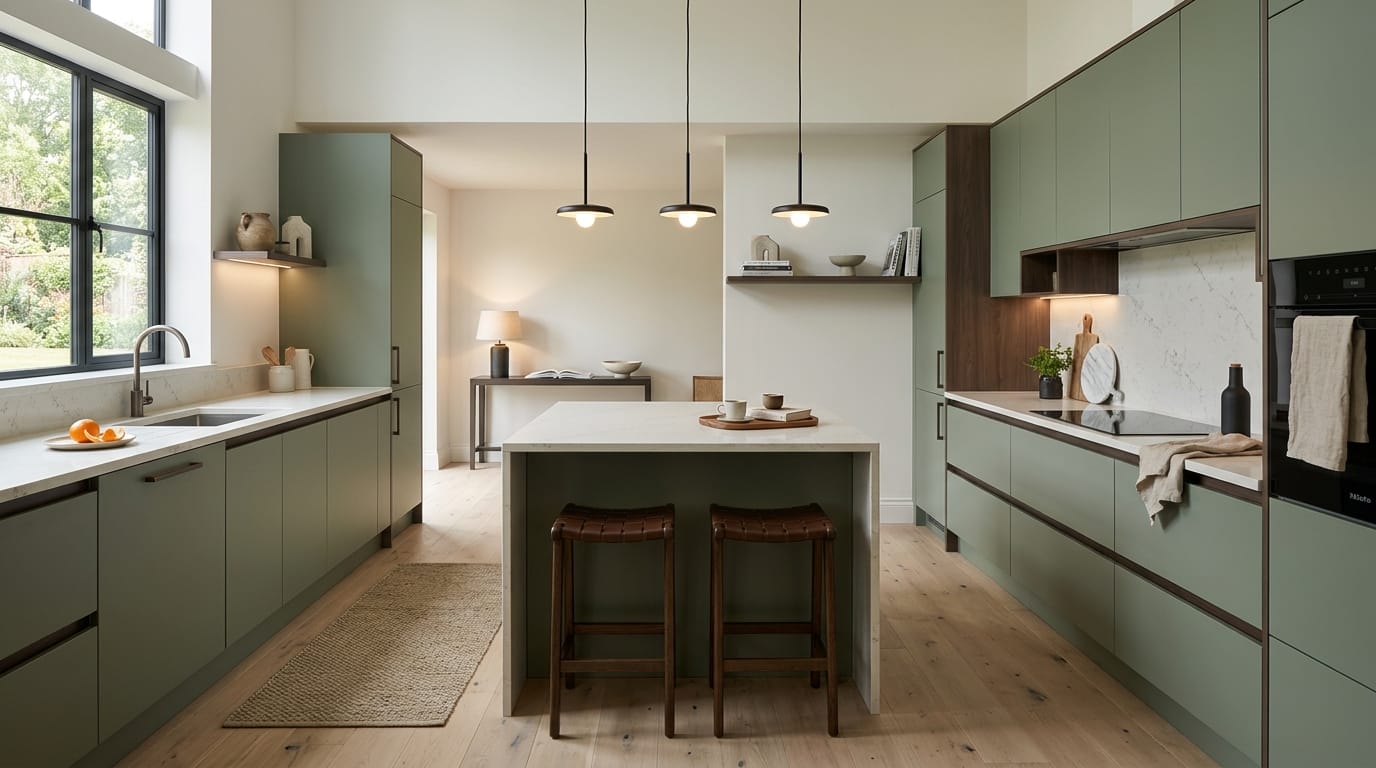 hero_1200x675-240 Wide view of a newly completed bespoke Mastercraft kitchen, modern shaker cabinetry in lava tones