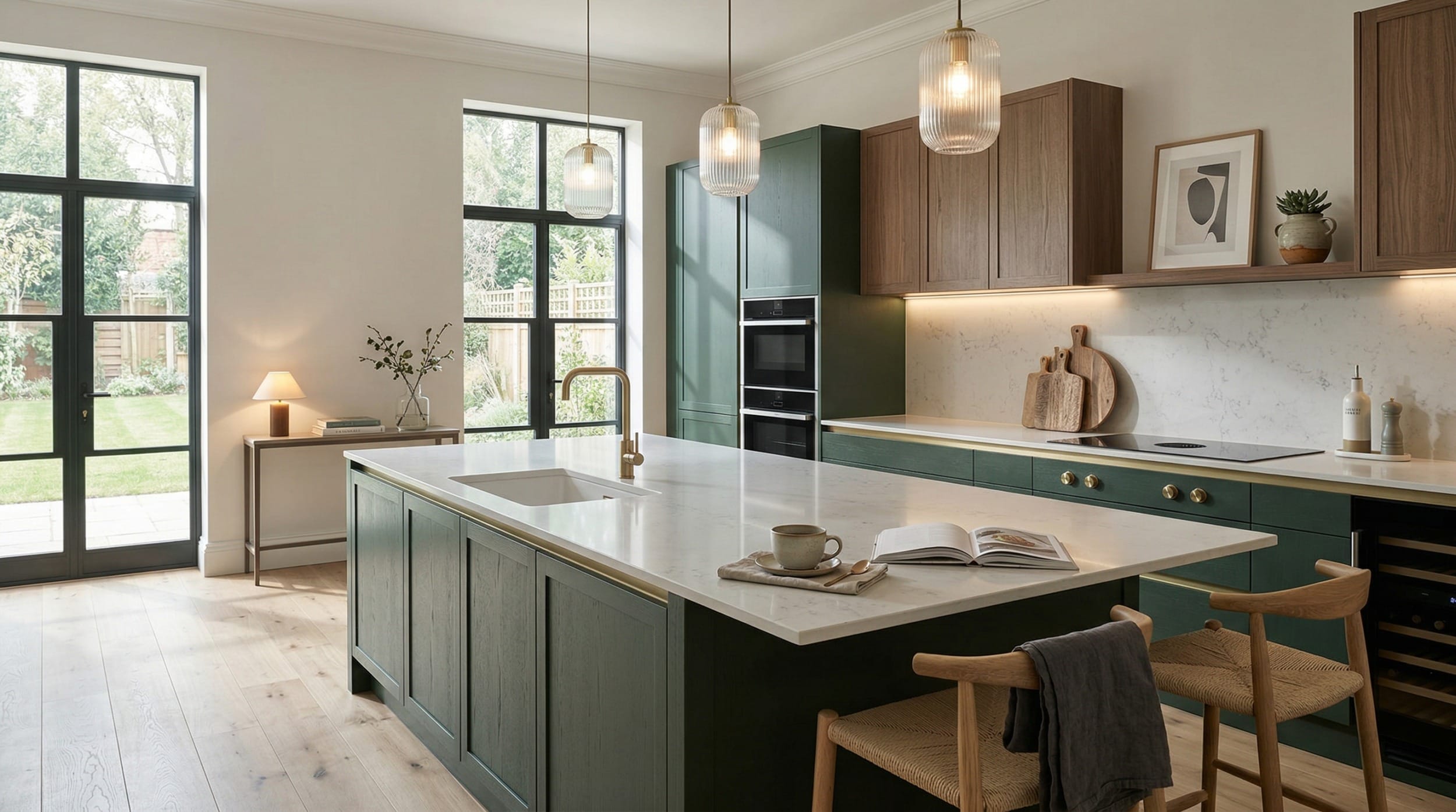 Wide view of a newly completed bespoke Mastercraft kitchen, contemporary painted lay-on cabinetry in cardamom tones