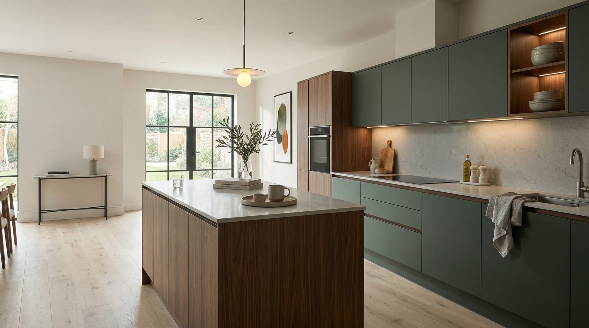 Wide view of a newly completed bespoke Mastercraft kitchen, contemporary in-frame cabinetry in willow tones