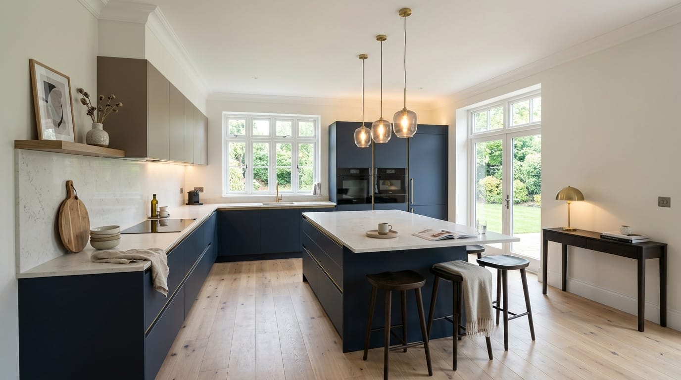 hero_1200x675-25 Wide view of a newly completed bespoke Mastercraft kitchen, matt painted handleless slab cabinetry in stone tones