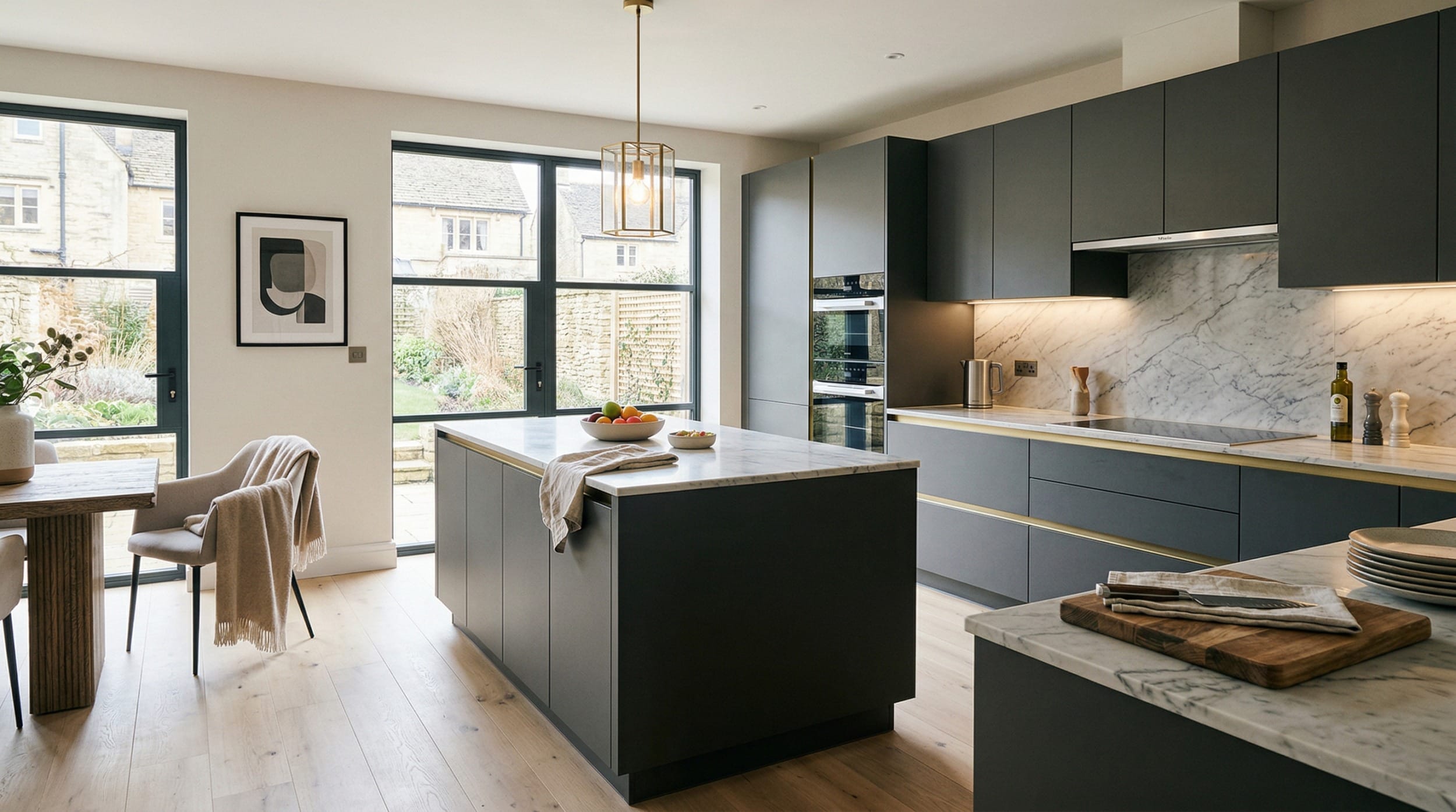 Wide view of a newly completed bespoke Mastercraft kitchen, contemporary painted lay-on cabinetry in taupe grey tones