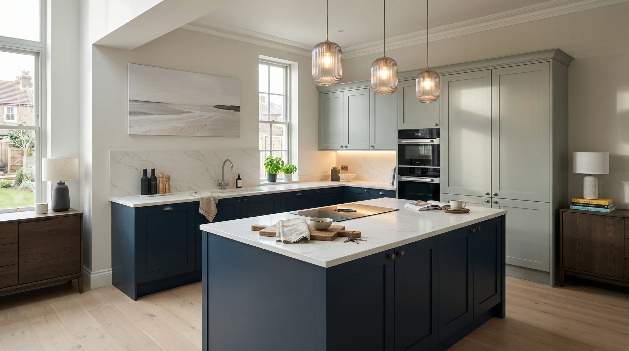 Wide view of a bespoke Mastercraft kitchen, contemporary painted lay-on cabinetry in dust grey tones
