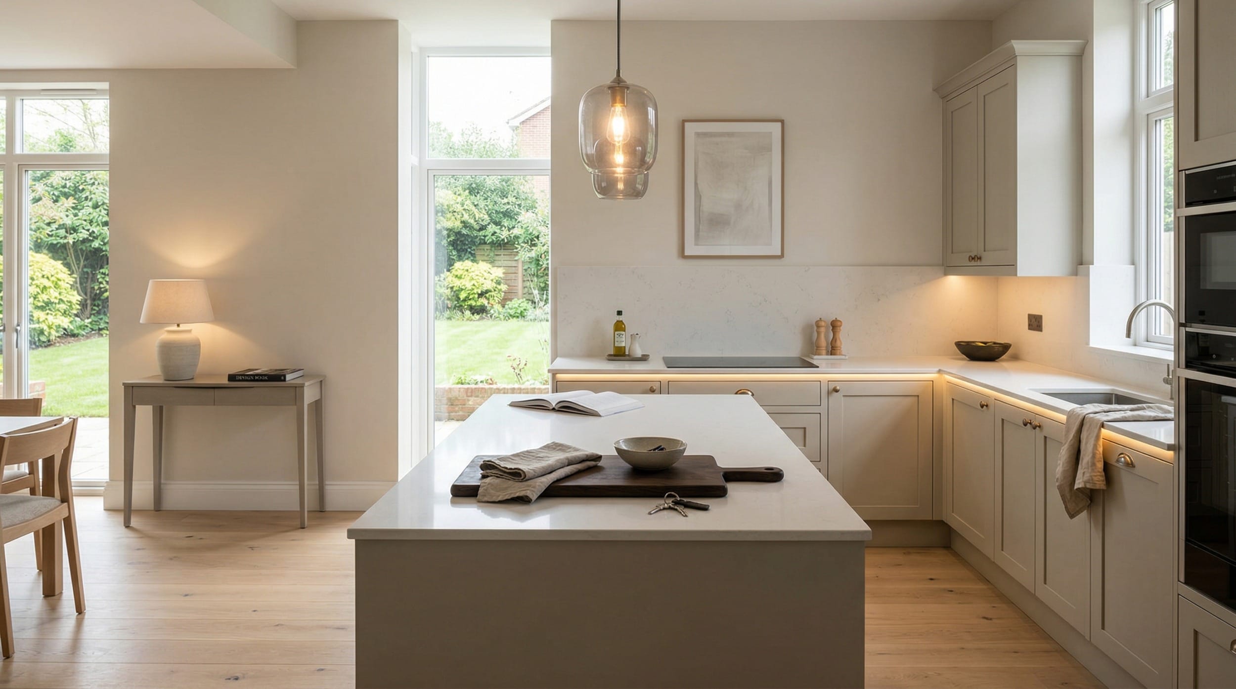 hero_1200x675-258 Wide view of a bespoke Mastercraft kitchen, matt painted handleless slab cabinetry in stone grey tones
