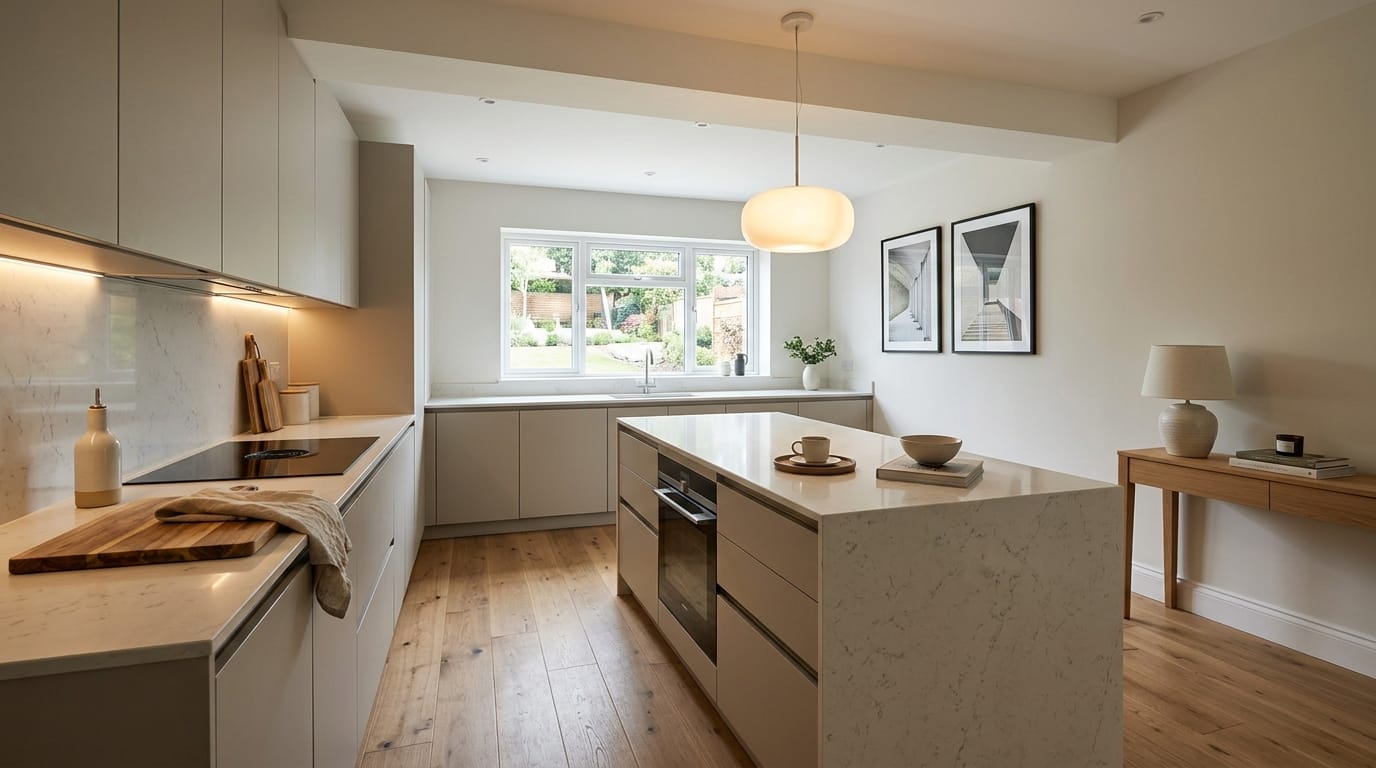 hero_1200x675-26 Wide view of a newly completed bespoke Mastercraft kitchen, contemporary in-frame cabinetry in lava tones