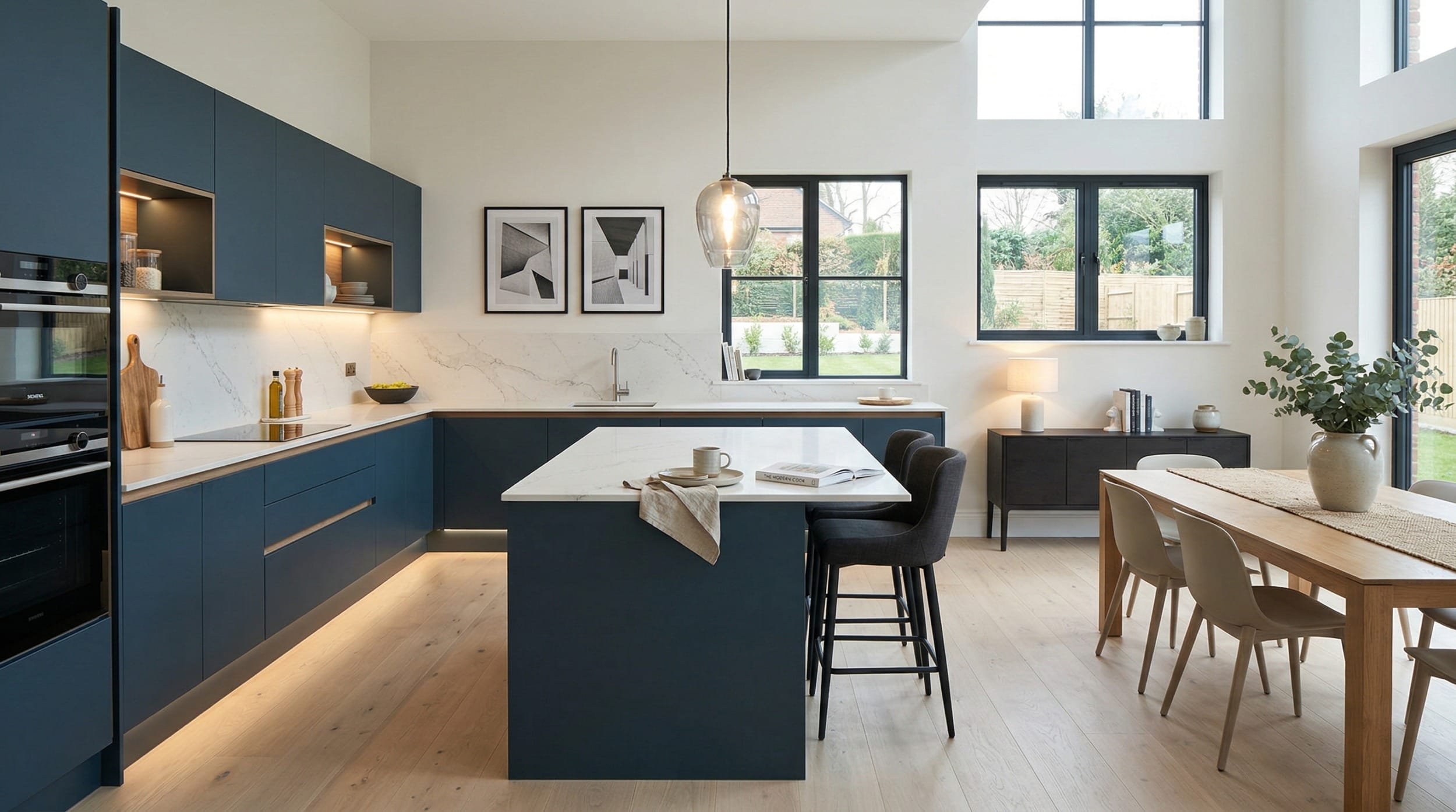 Wide view of a bespoke Mastercraft kitchen, modern shaker cabinetry in gunmetal grey tones