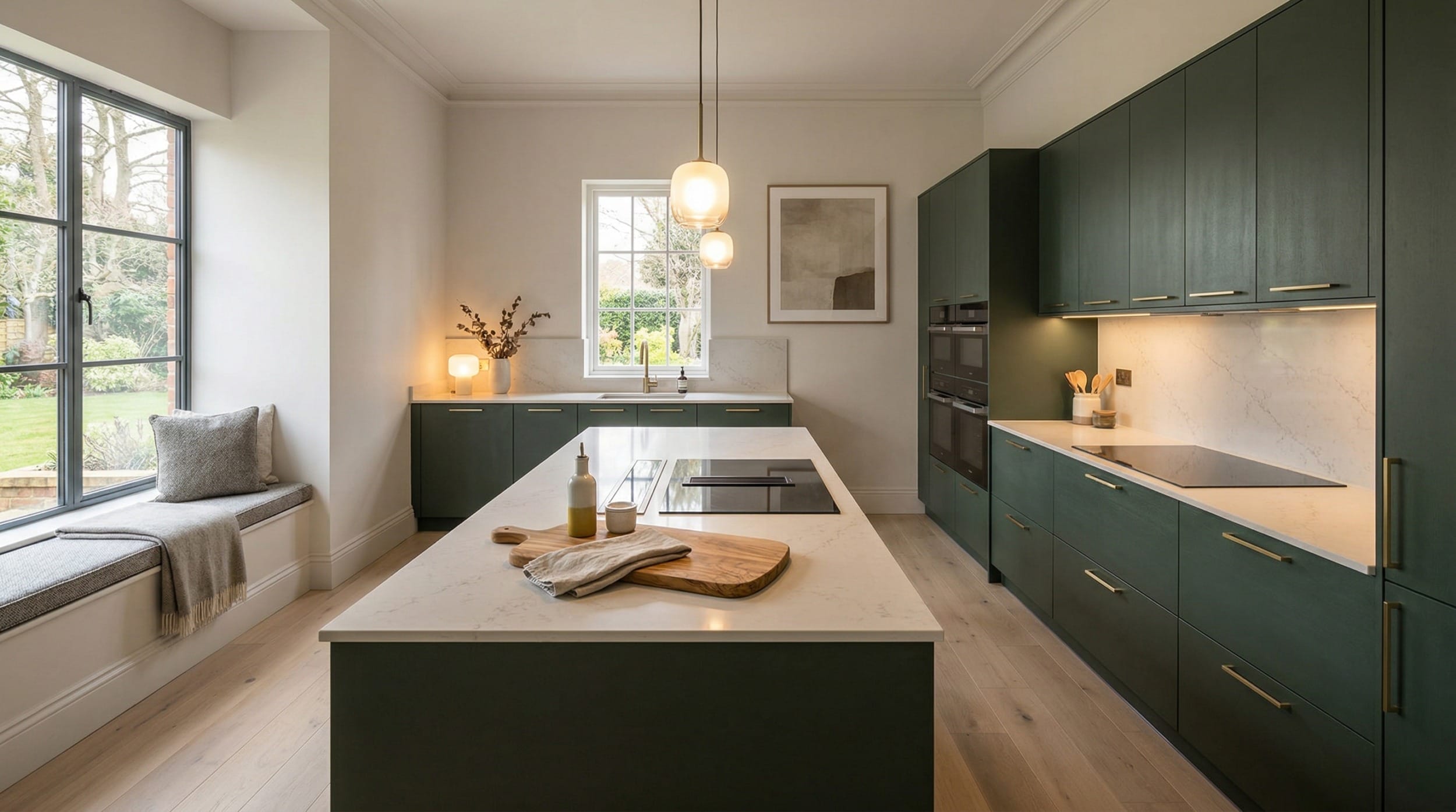 hero_1200x675-261 Wide view of a bespoke Mastercraft kitchen, matt painted handleless slab cabinetry in sage green tones