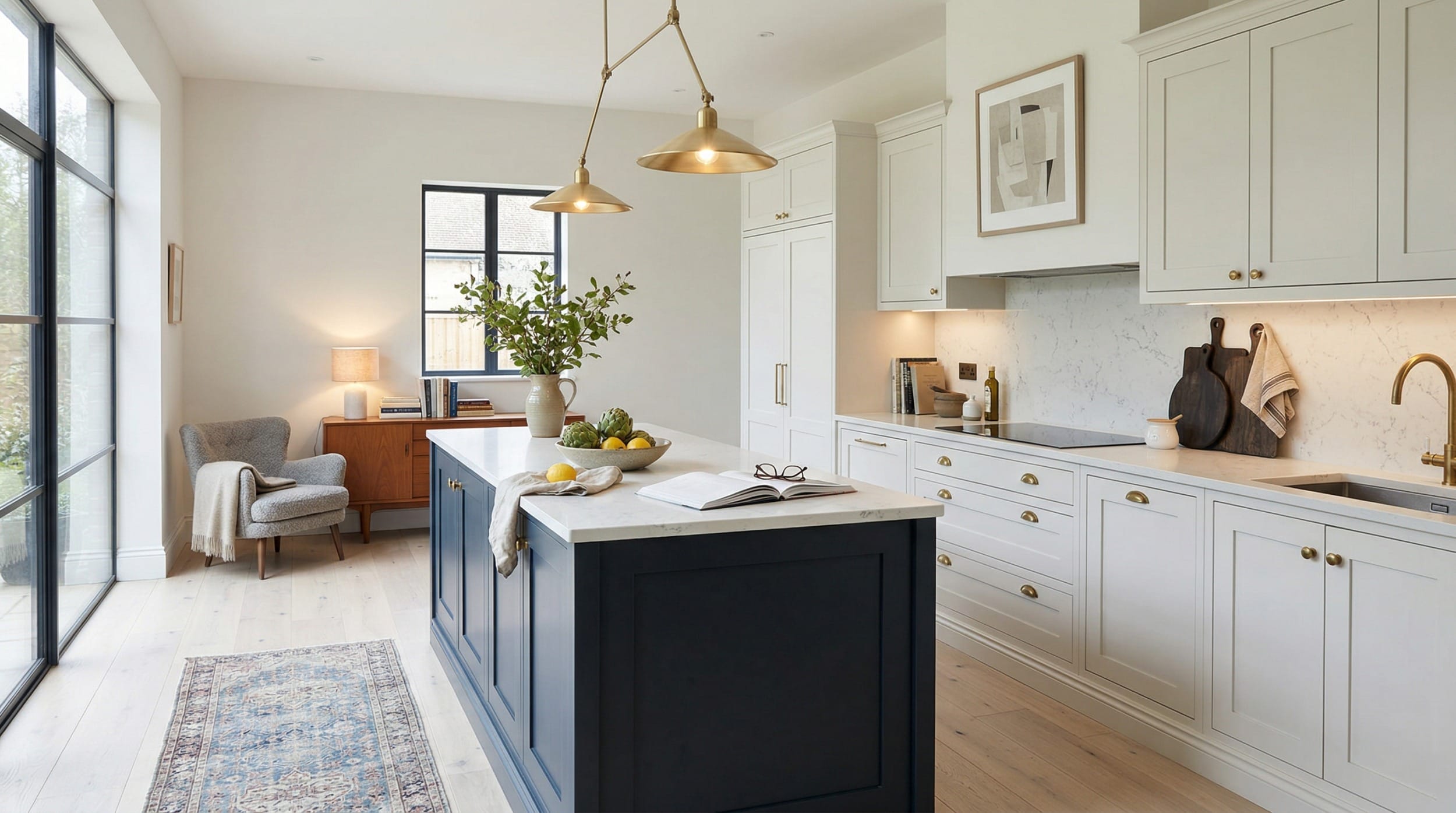 hero_1200x675-262 Wide view of a bespoke Mastercraft kitchen, contemporary painted lay-on cabinetry in light grey tones