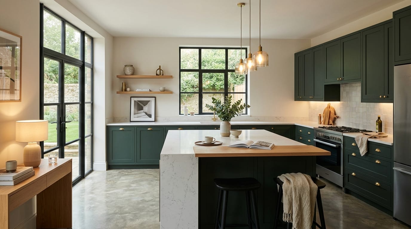 hero_1200x675-263 Wide view of a bespoke Mastercraft kitchen, contemporary in-frame cabinetry in cardamom tones