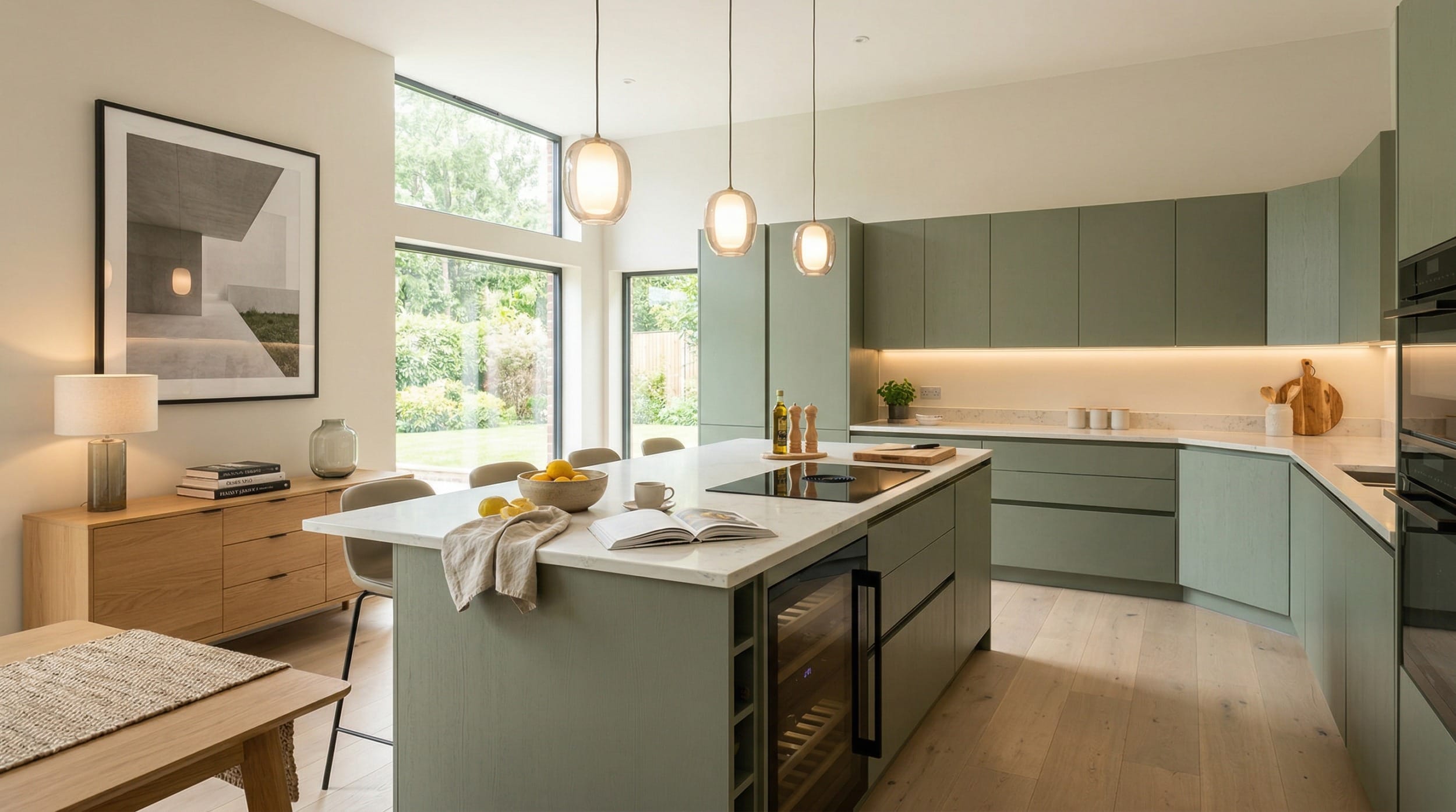 Wide view of a bespoke Mastercraft kitchen, contemporary painted lay-on cabinetry in cannon black tones