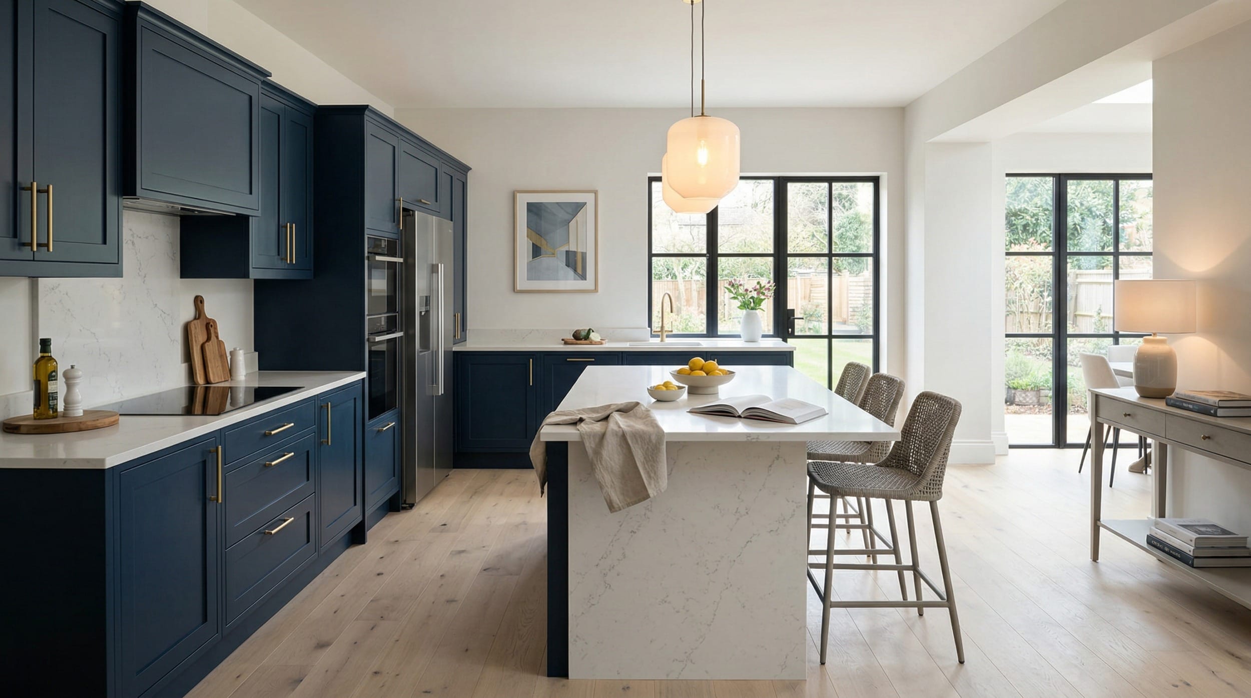 hero_1200x675-265 Wide view of a bespoke Mastercraft kitchen, modern shaker cabinetry in heritage green tones