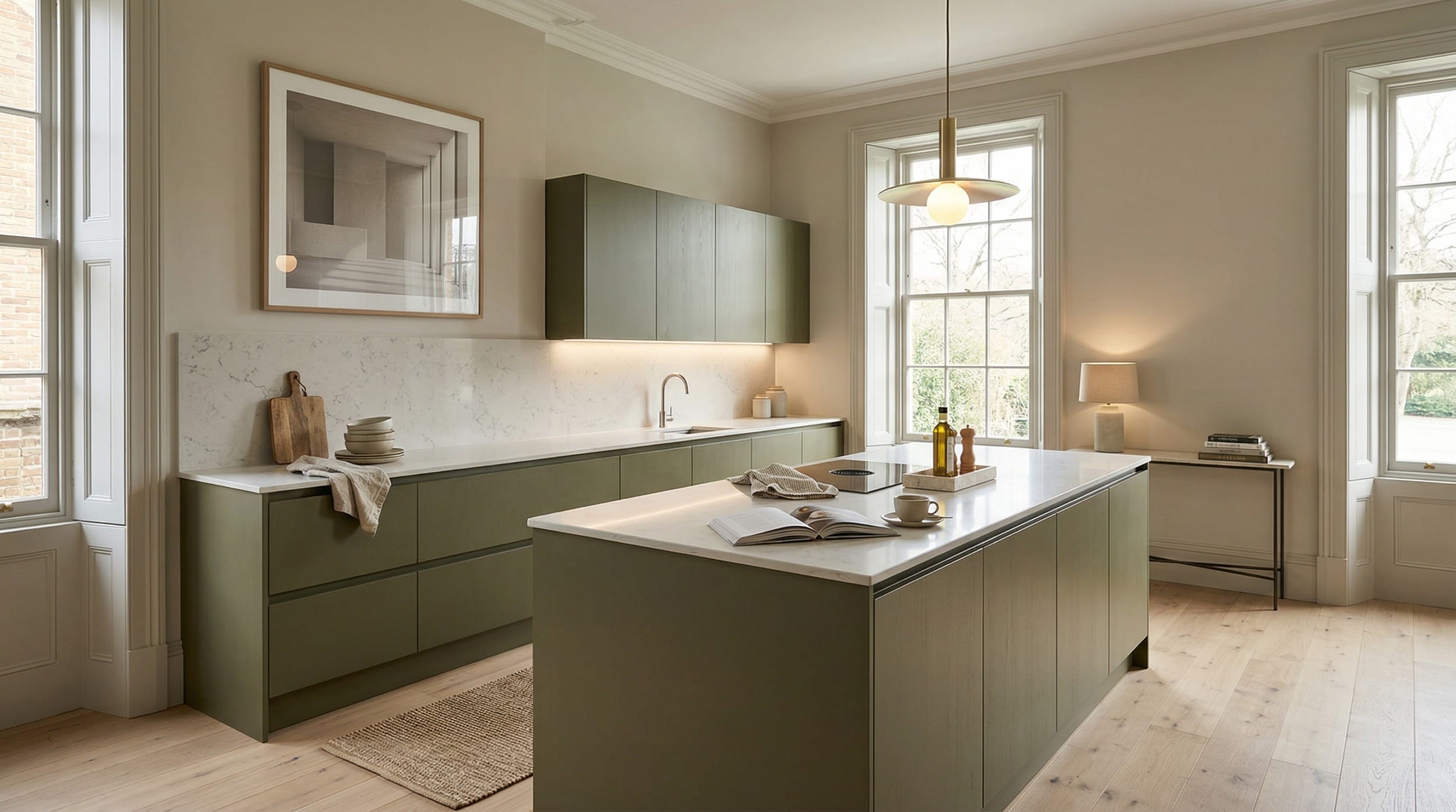 hero_1200x675-266 Wide view of a bespoke Mastercraft kitchen, timber veneer slab-door cabinetry in ivory tones