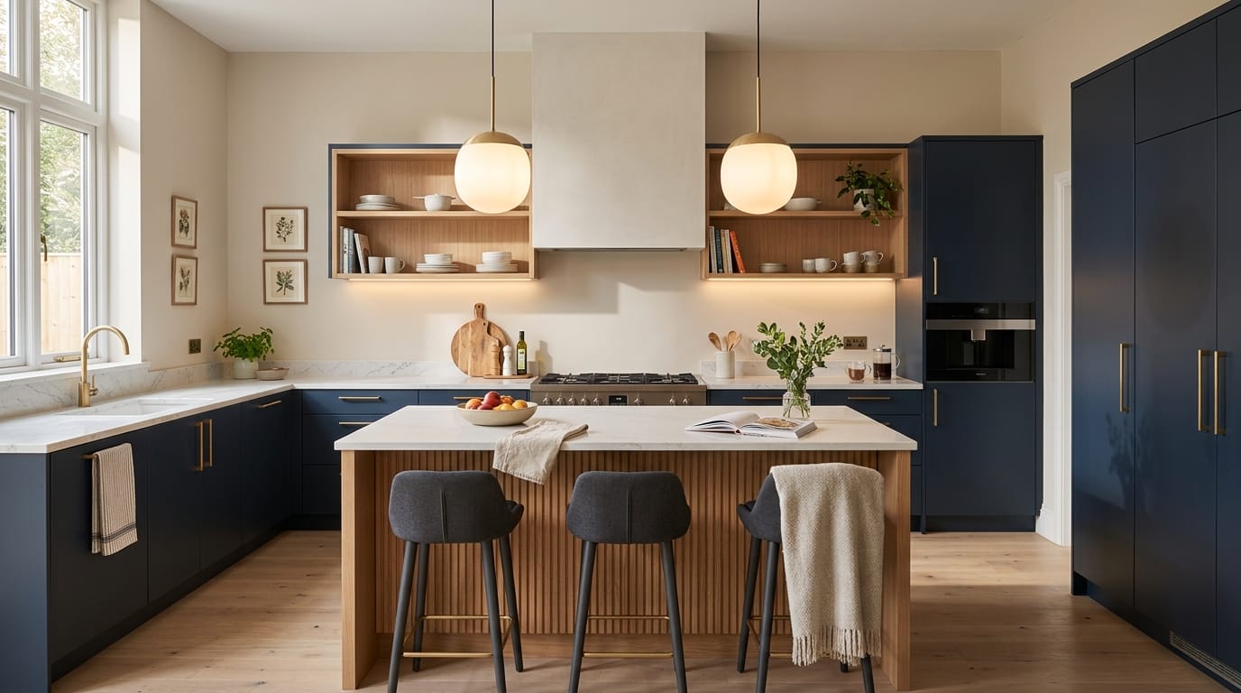 Wide view of a bespoke Mastercraft kitchen, contemporary in-frame cabinetry in sage green tones
