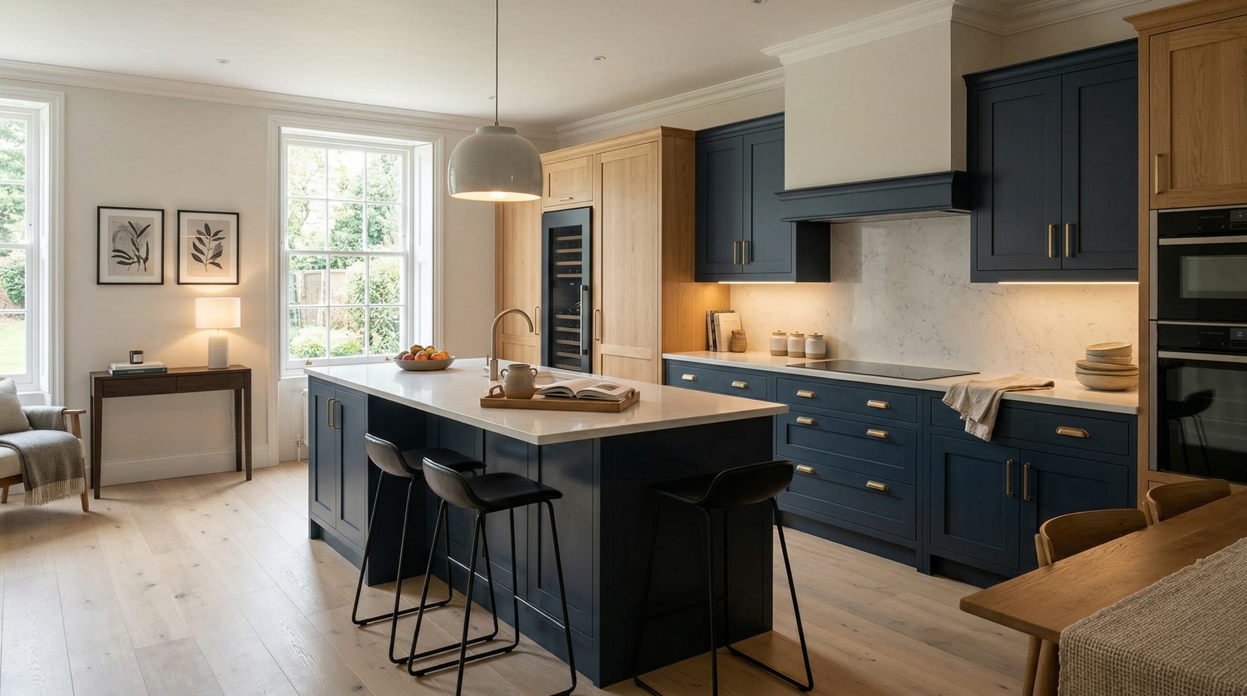 hero_1200x675-269 Wide view of a bespoke Mastercraft kitchen, matt painted handleless slab cabinetry in light grey tones