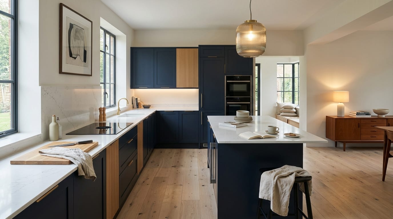 Wide view of a newly completed bespoke Mastercraft kitchen, contemporary painted lay-on cabinetry in cannon black tones
