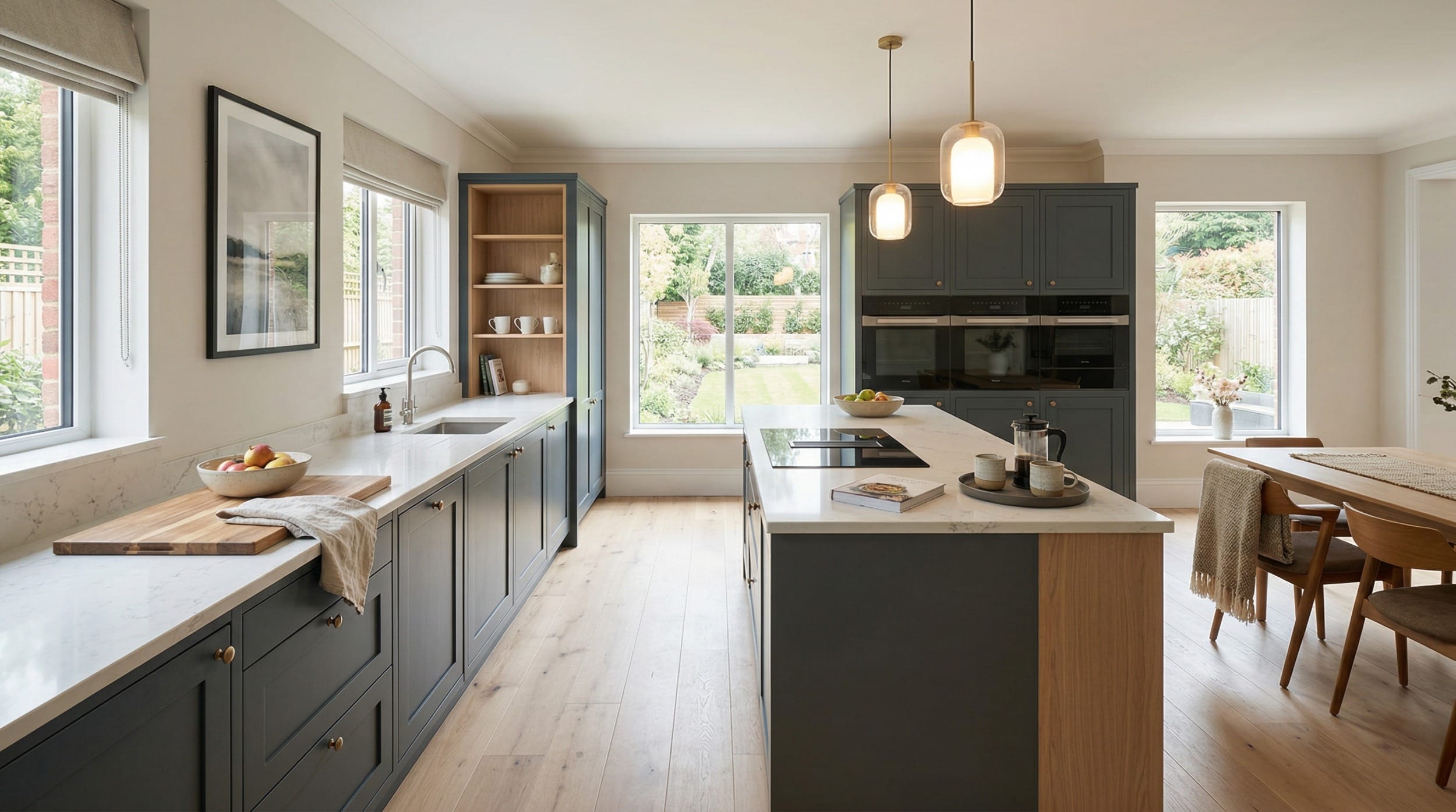 hero_1200x675-271 Wide view of a bespoke Mastercraft kitchen, matt painted handleless slab cabinetry in lava tones
