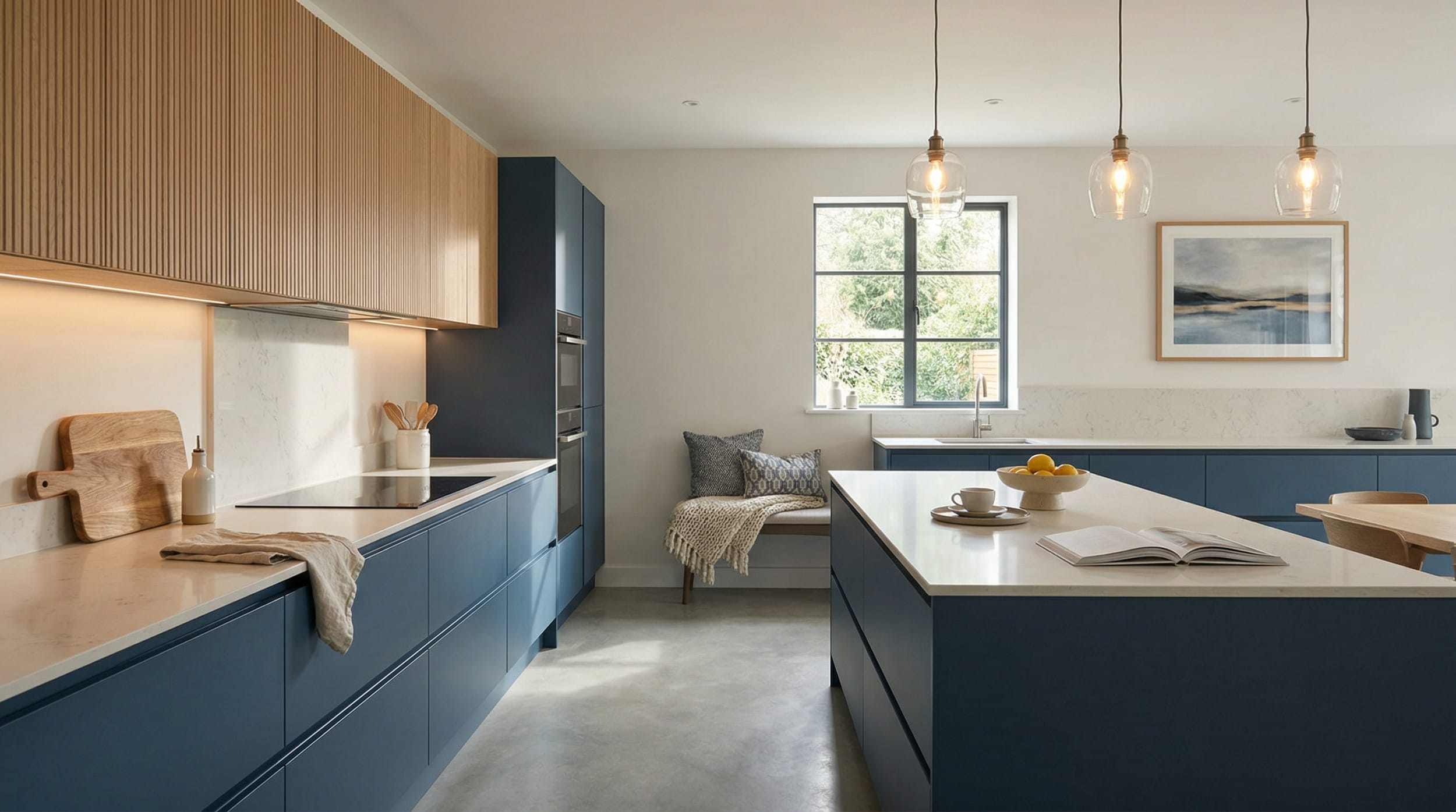 hero_1200x675-272 Wide view of a bespoke Mastercraft kitchen, contemporary painted lay-on cabinetry in light teal tones