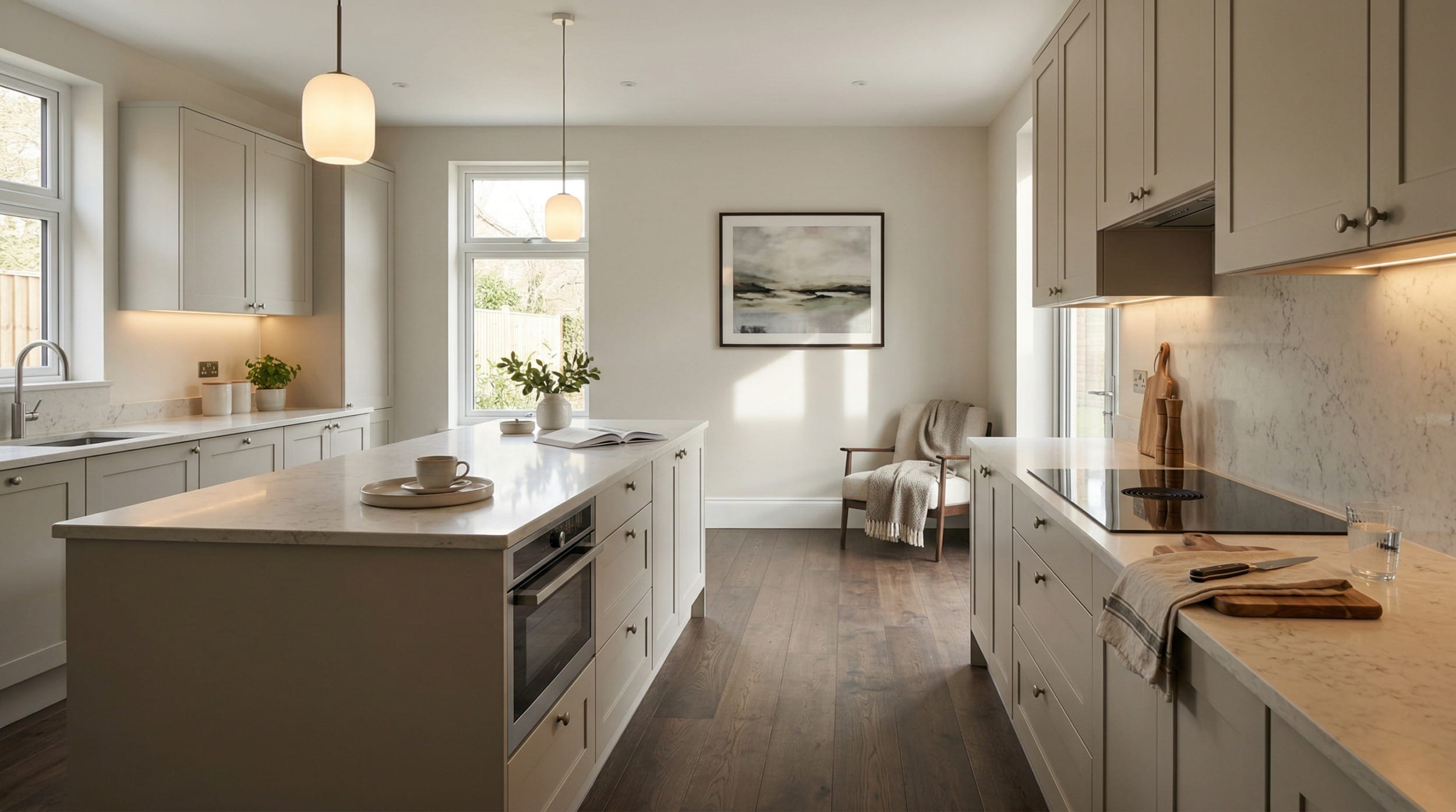 Wide view of a bespoke Mastercraft kitchen, timber veneer slab-door cabinetry in airforce tones