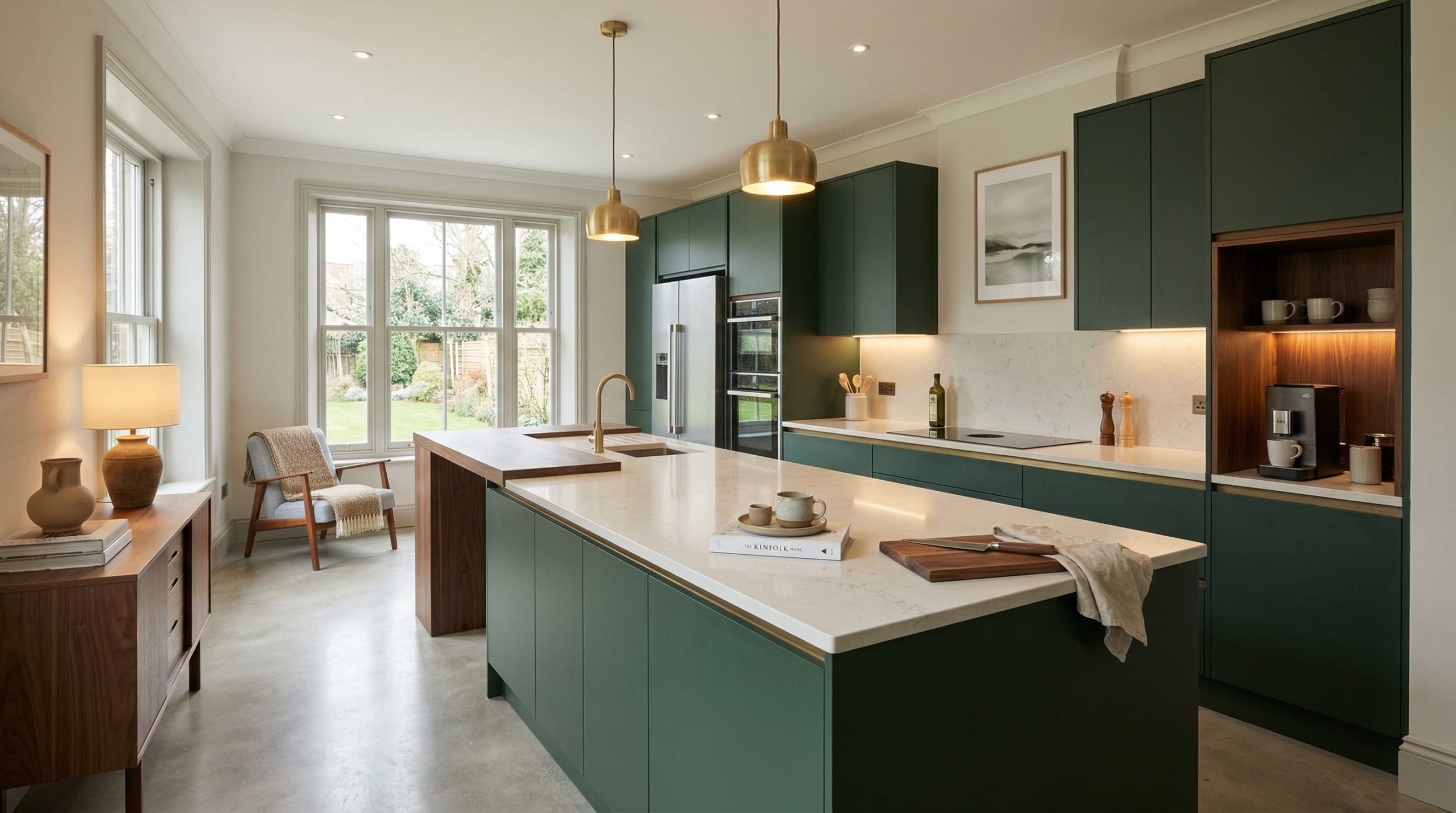 hero_1200x675-274 Wide view of a bespoke Mastercraft kitchen, matt painted handleless slab cabinetry in heritage green tones