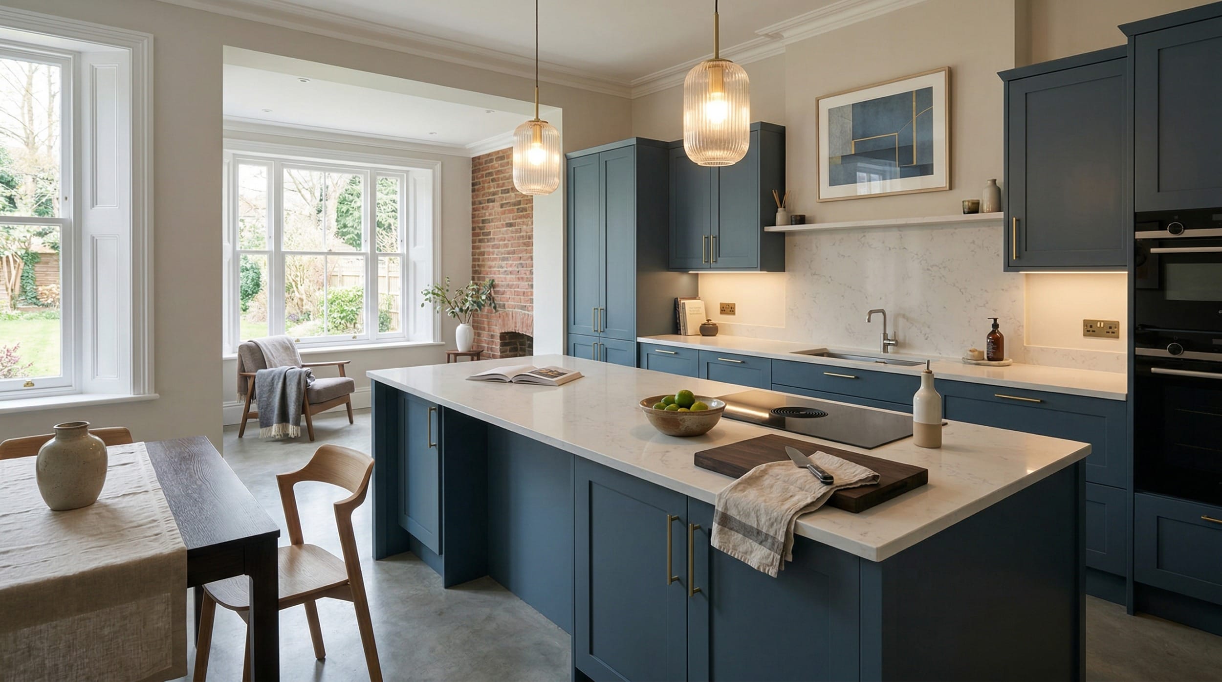 Wide view of a bespoke Mastercraft kitchen, matt painted handleless slab cabinetry in cannon black tones