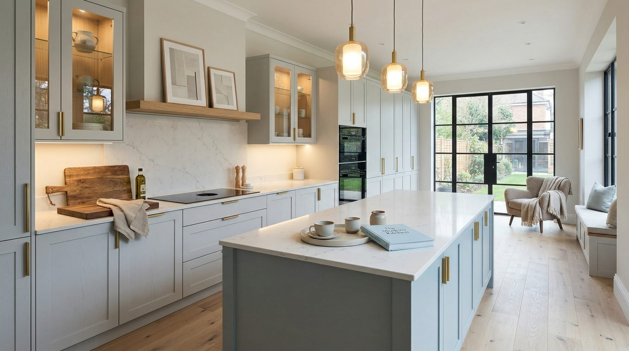 hero_1200x675-276 Wide view of a bespoke Mastercraft kitchen, matt painted handleless slab cabinetry in deep forest tones