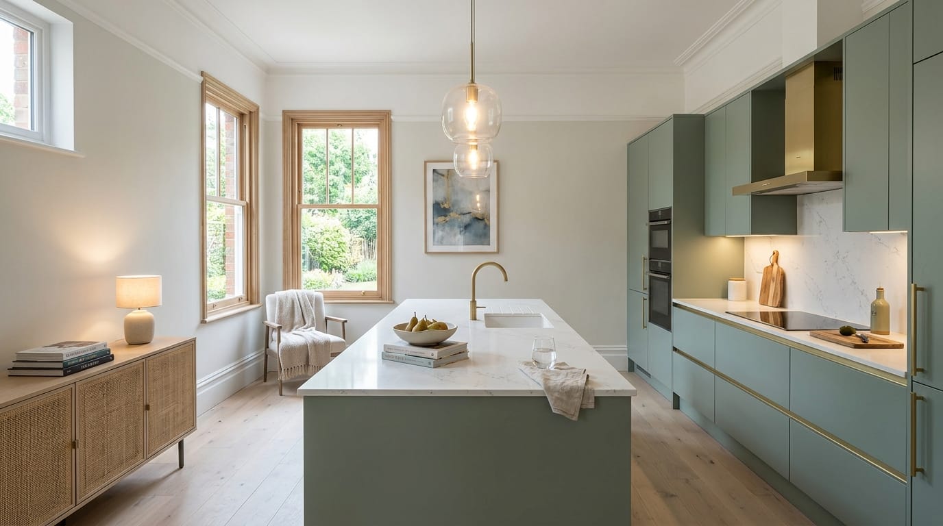 Wide view of a bespoke Mastercraft kitchen, modern shaker cabinetry in heritage green tones