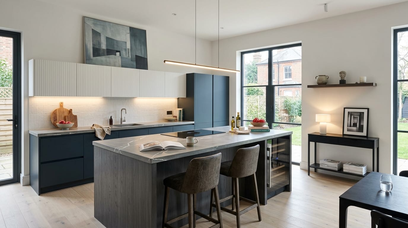 hero_1200x675-28 Wide view of a newly completed bespoke Mastercraft kitchen, contemporary painted lay-on cabinetry in shell tones