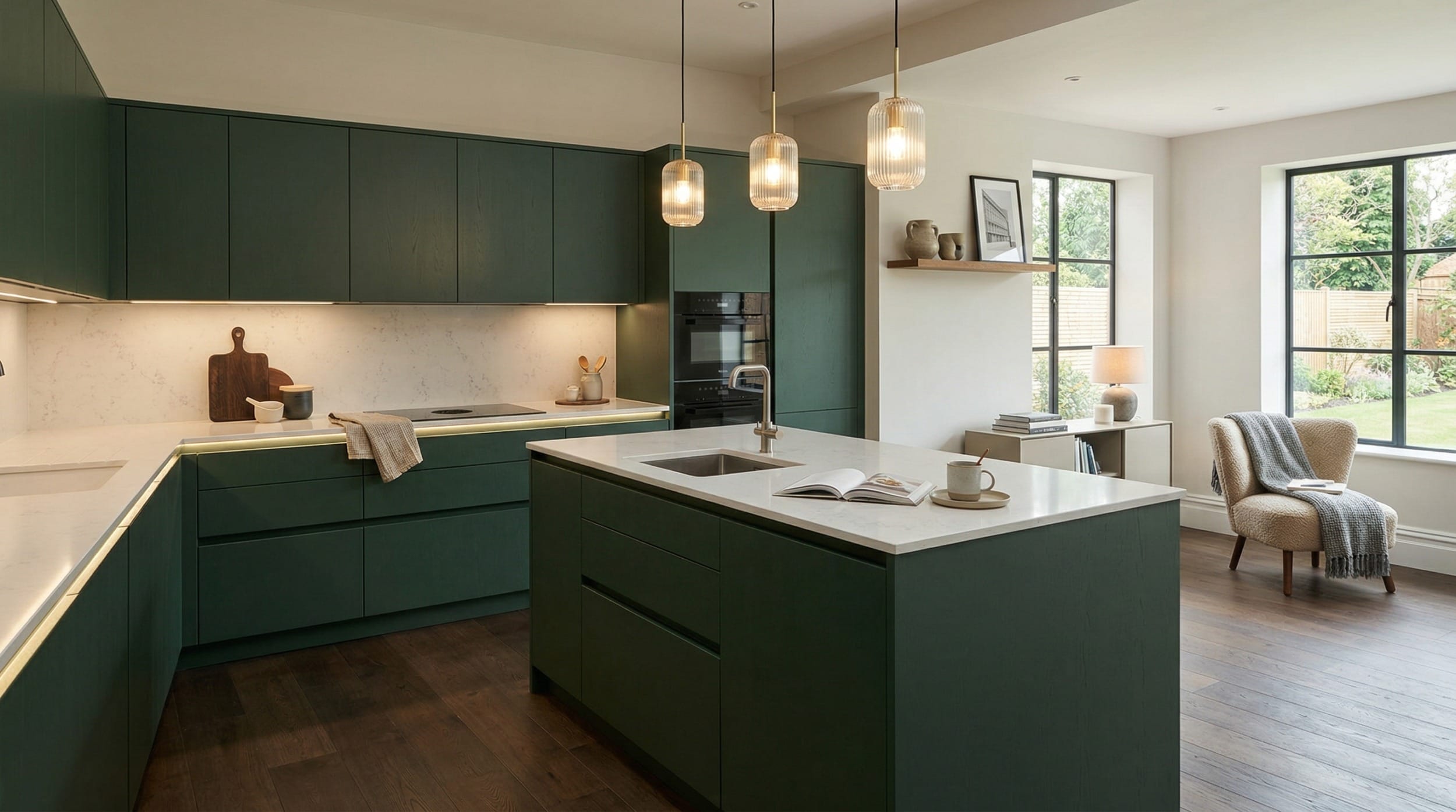 hero_1200x675-280 Wide view of a bespoke Mastercraft kitchen, modern shaker cabinetry in graphite tones