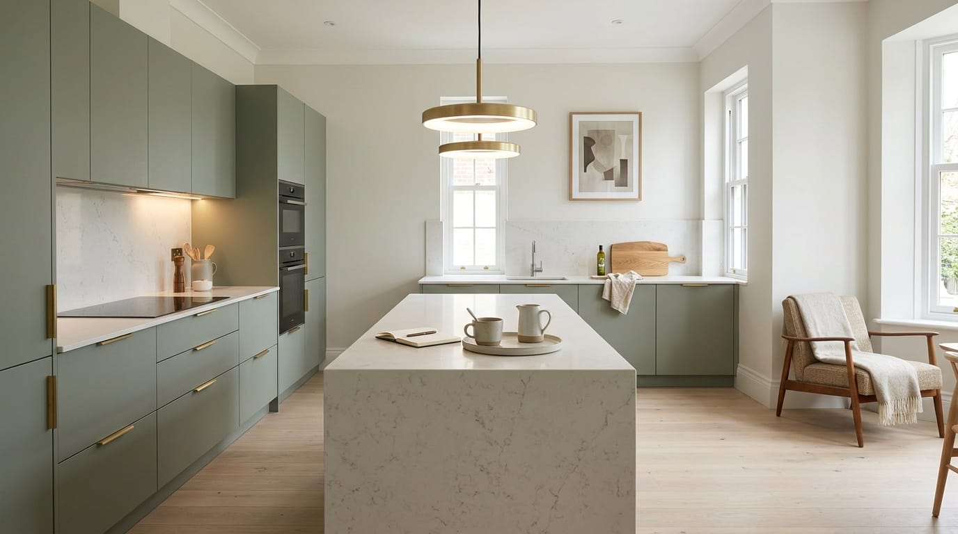 Wide view of a bespoke Mastercraft kitchen, contemporary painted lay-on cabinetry in airforce tones